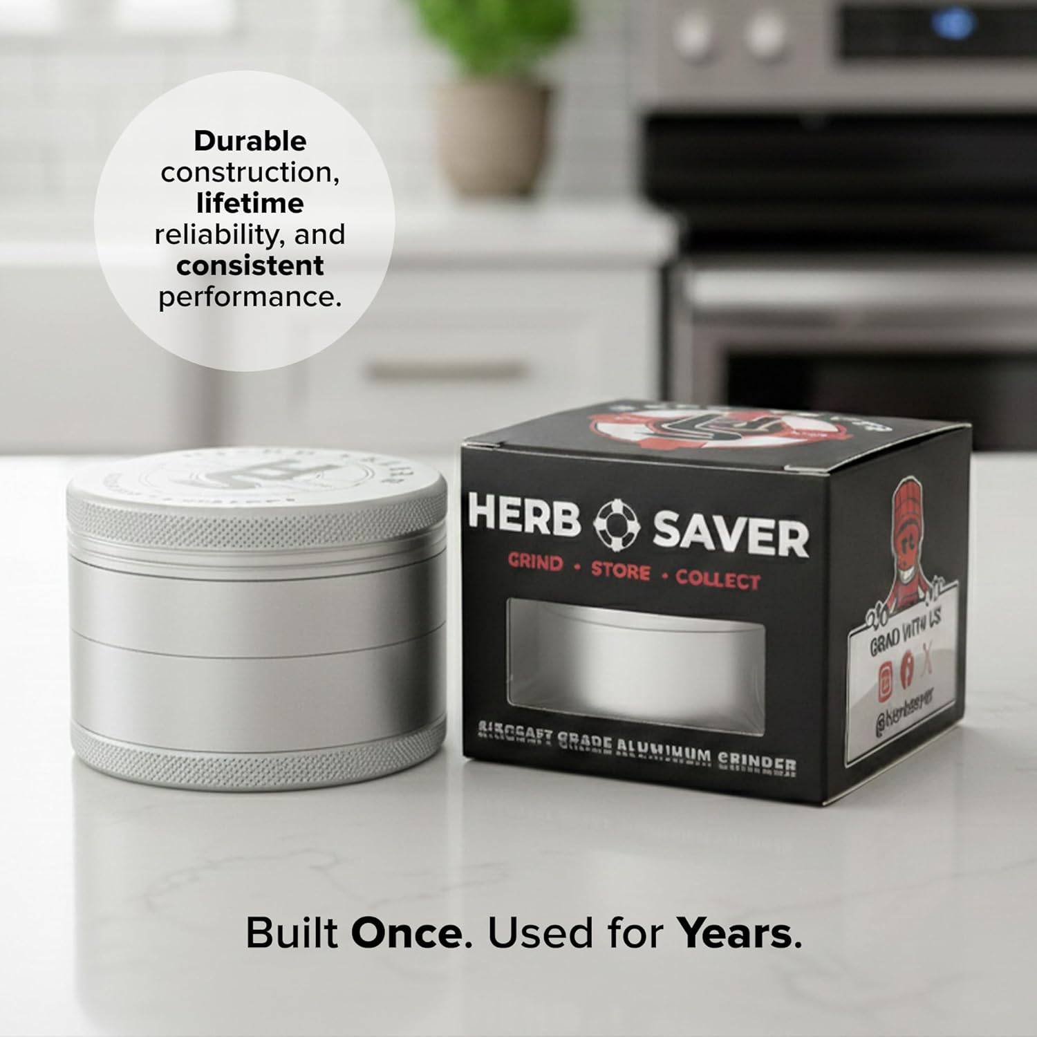 HerbSaver 2.5 Inch Aluminum Spice Grinder – Manual Kitchen Grinder with Sharp Teeth, Magnetic Lid, Matte Finish for Pepper, Salt and Seasonings (Silver)