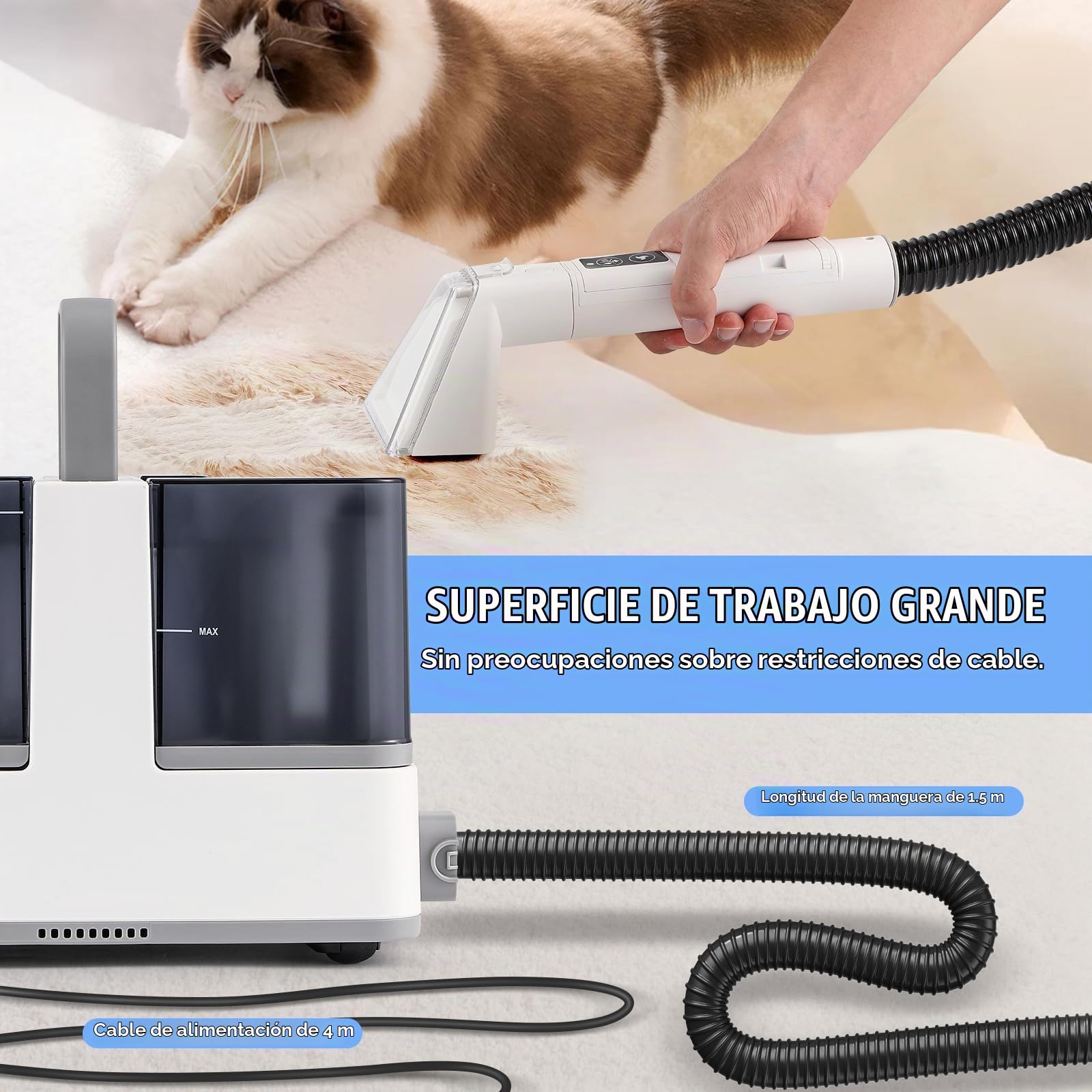 Moongiantgo Aspiradora de Agua Tapiceria con Vapor/Caliente/Fria, Limpiador de Tapicerias 1300W, 13kPa Succión, Tanque Desmontables 1.2L+1.4L, Limpia Tapicerias Sofa para Alfombras/Más/Auto (Blanco)