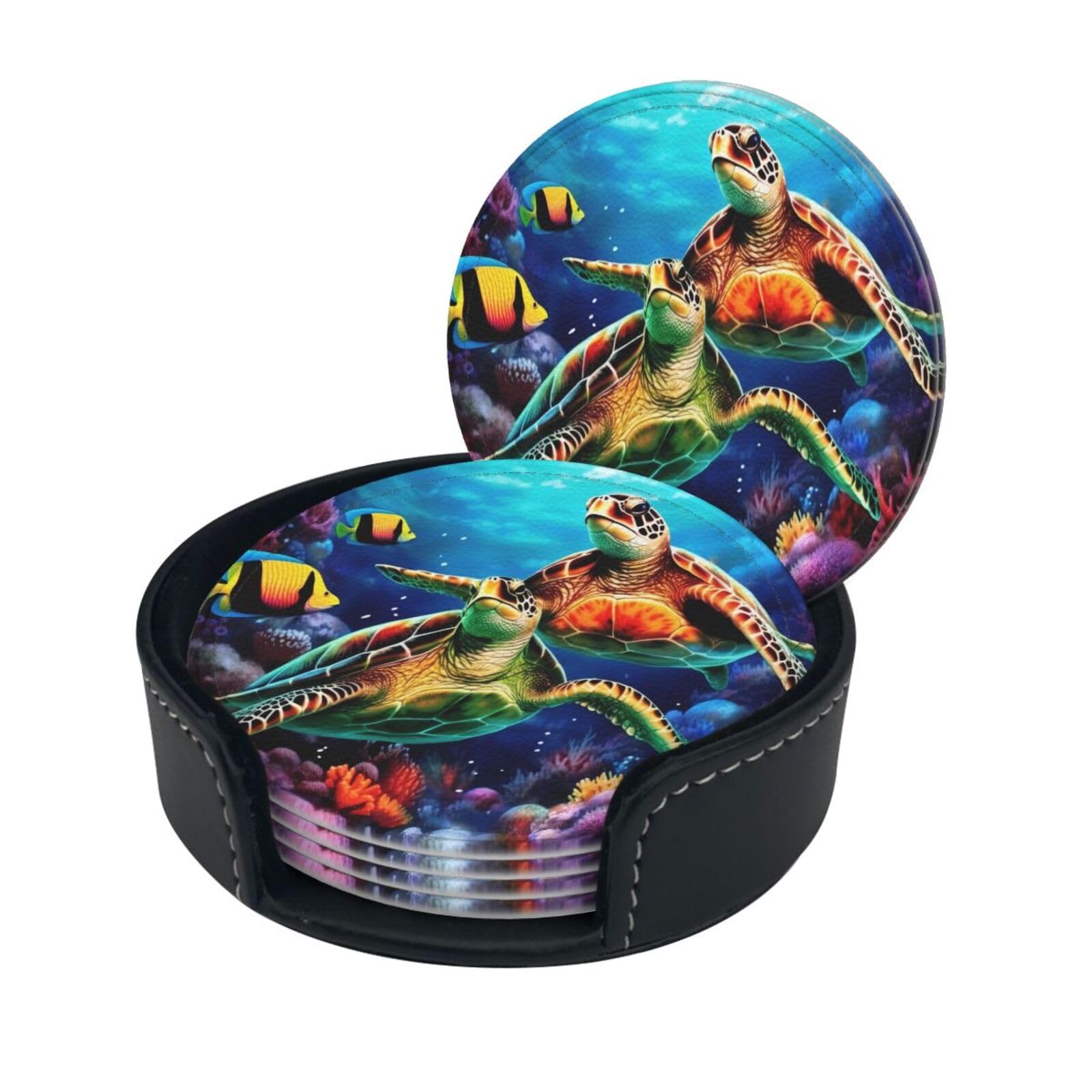 Smazdfxx Women's As Pic Stylish Coasters - Sea Turtles Diamond Painting Set Of 6 Round Leather Drink Coasters With Holder - Perfect Size For Cups And Glasses