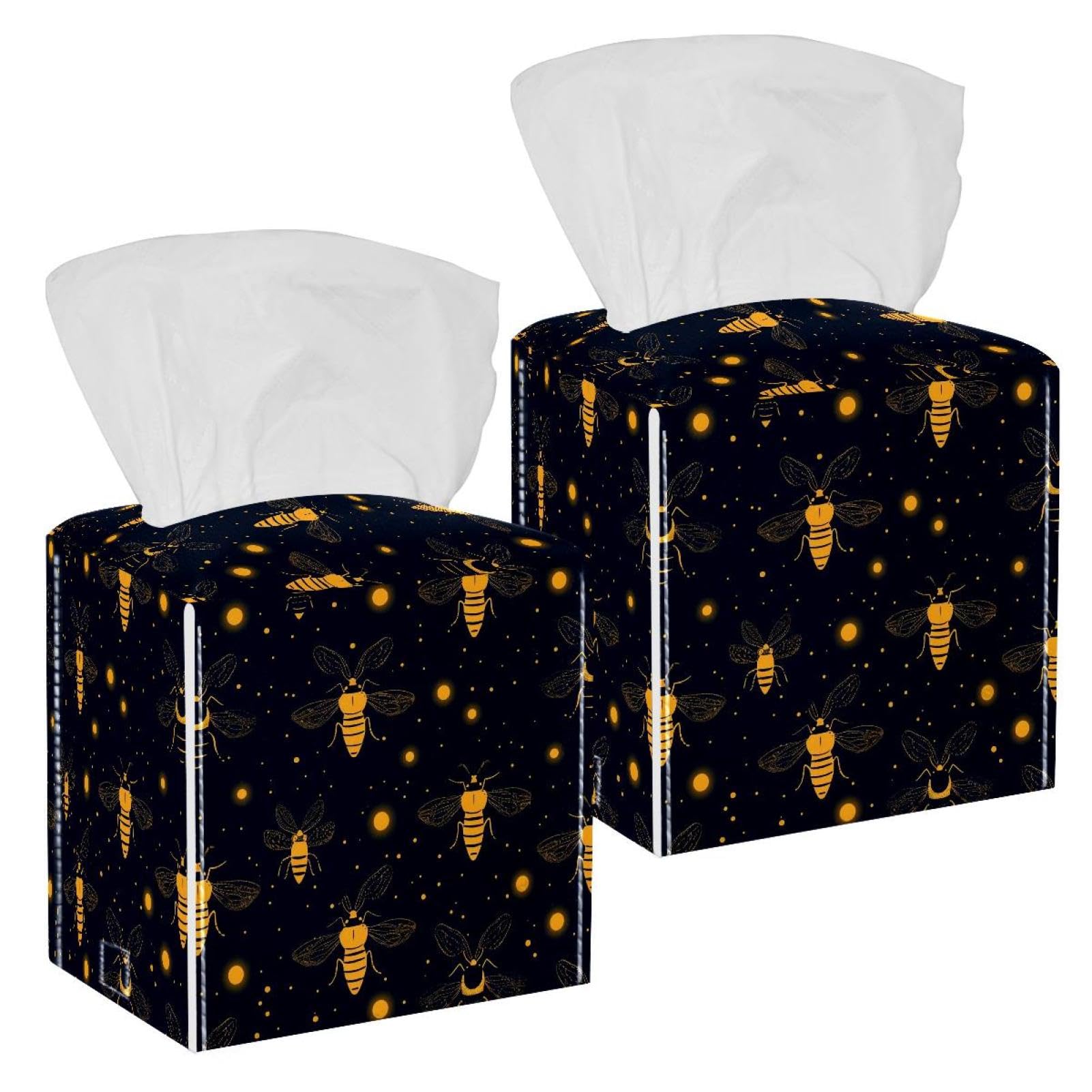 Fireflies Cartoon Tissue Box Cover, 2 Pack PU Leather Square Facial Tissue Dispenser Box holder for Home Office Car