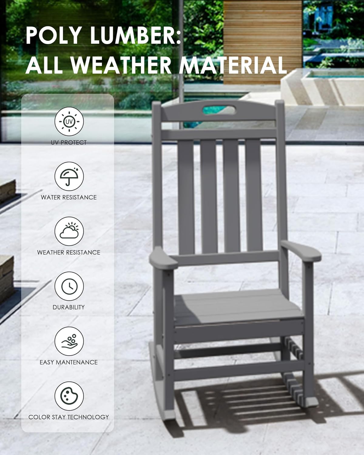 Outdoor Rocking Chair, All-Weather Resistant Poly Lumber Rocker Chair Outdoor, High Back Plastic Patio Rocking Chairs for Outside Porch Rocker Garden Lawn, Slate Grey