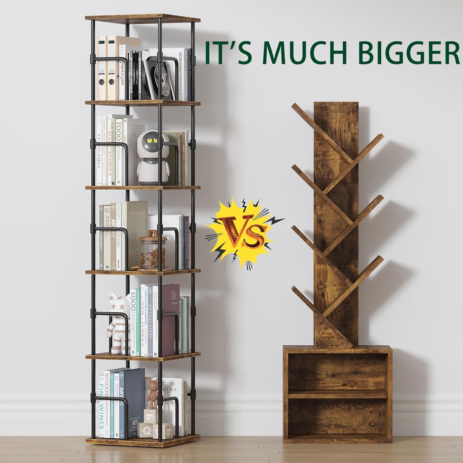 5-Tier Rotating Bookshelf, Freestanding Corner Bookshelf, 360° Spinning Bookcase Industrial Style Storage Rack with Rails, for Living Room, Bedroom, Study