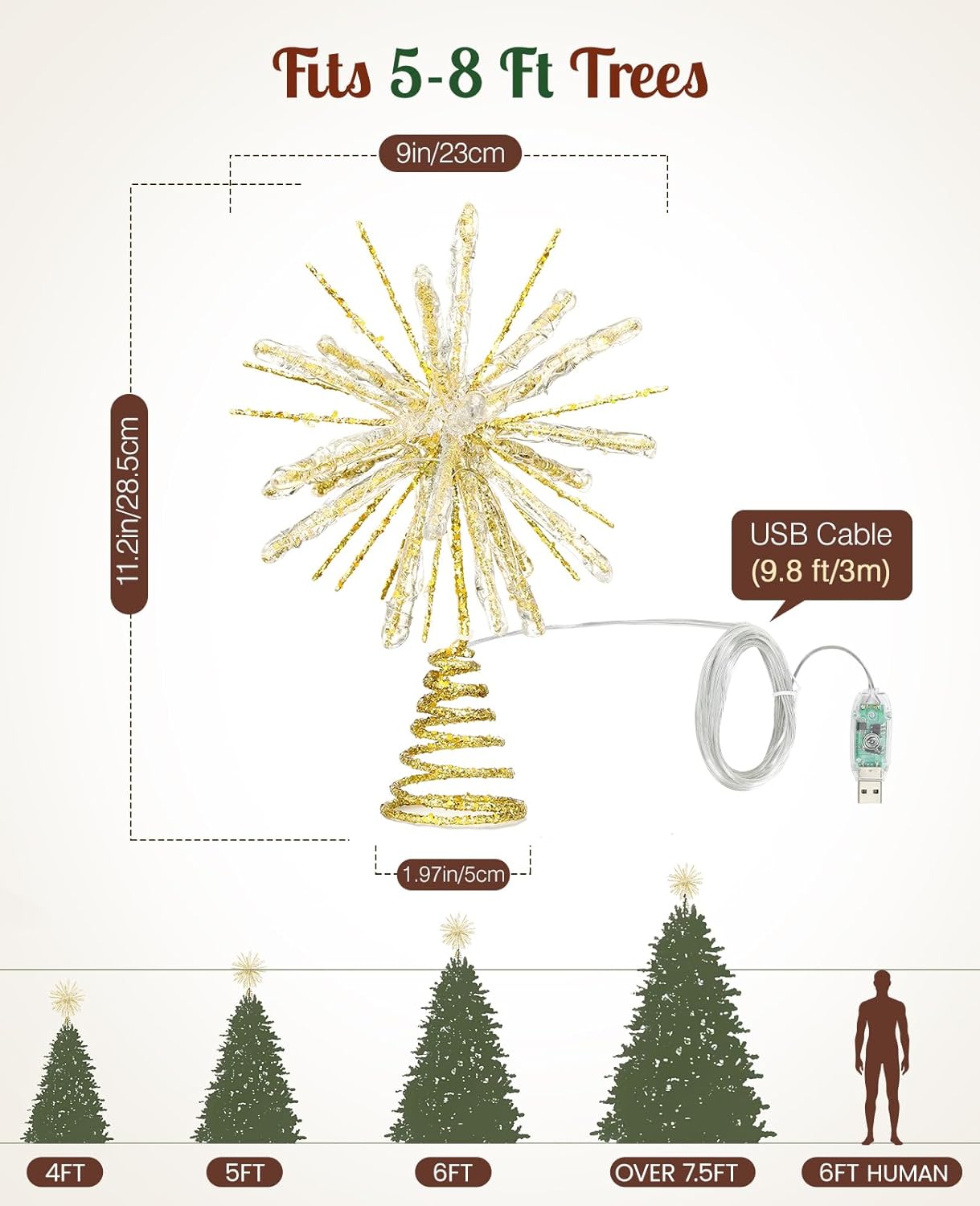 Luxspire Christmas Tree Topper, Crystal Lighted Christmas Tree Star with Remote & USB Starburst Tree Topper for Home Holiday Decor, 6H Timer & 8 Lighting Modes, Starburst Star-Gold