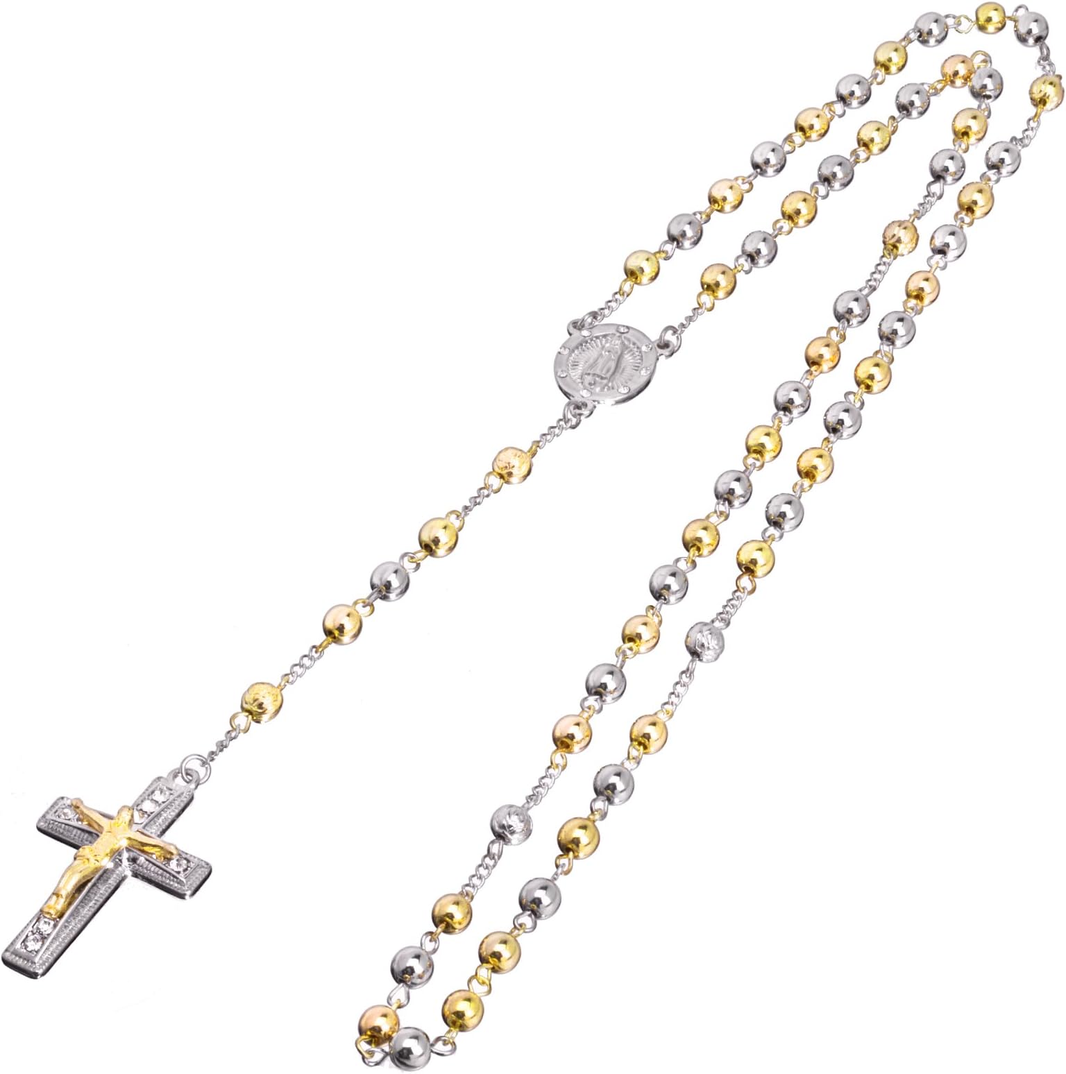 Rosary Gold Silver Black Rose Gold Tone Guadalupe Jesus Cross 28" Necklace HR 600