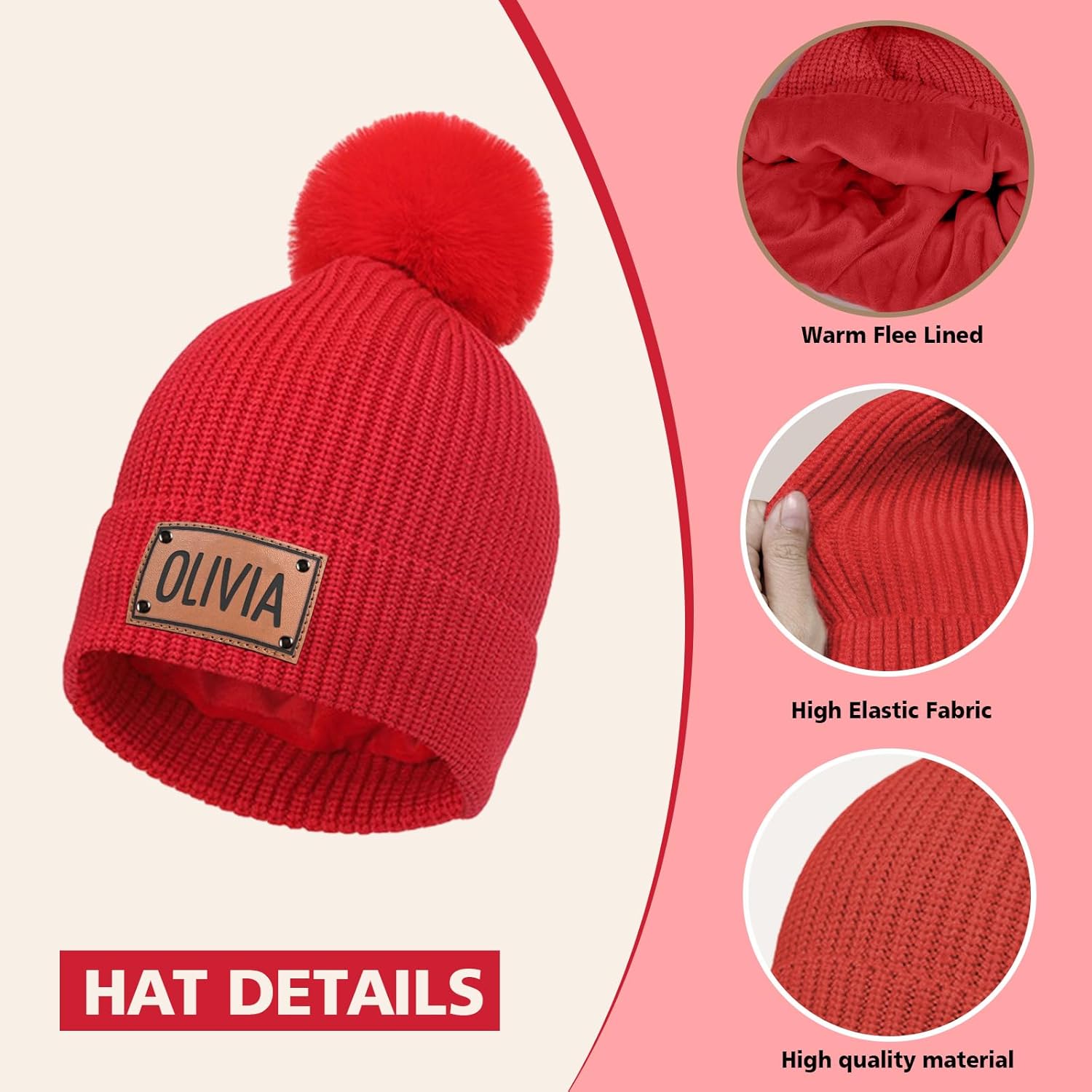 Personalized Kids Winter Knit Beanie Hat Scarf Gloves Set for Boys Girls Age 4-10, Pompom Cap Neck Warmer Mitten Fleece Lined