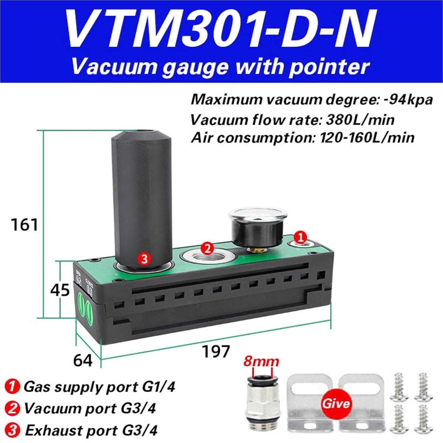 Multi Stage Vacuum Generator, Pneumatic high Flow, high Suction VTM Series Integrated Negative Pressure Vacuum Pump(VTM301-D-N)