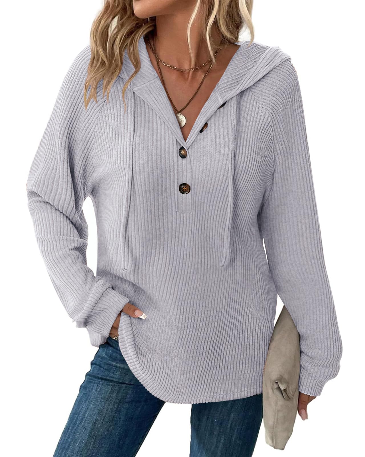 Tanmolo Pullover Damen Hoodie Leichter Sweatshirt | V-Ausschnitt, Knopfleiste, Kapuzenpullover, Weicher Strickpullover, Langarm, Herbst und Übergangszeit