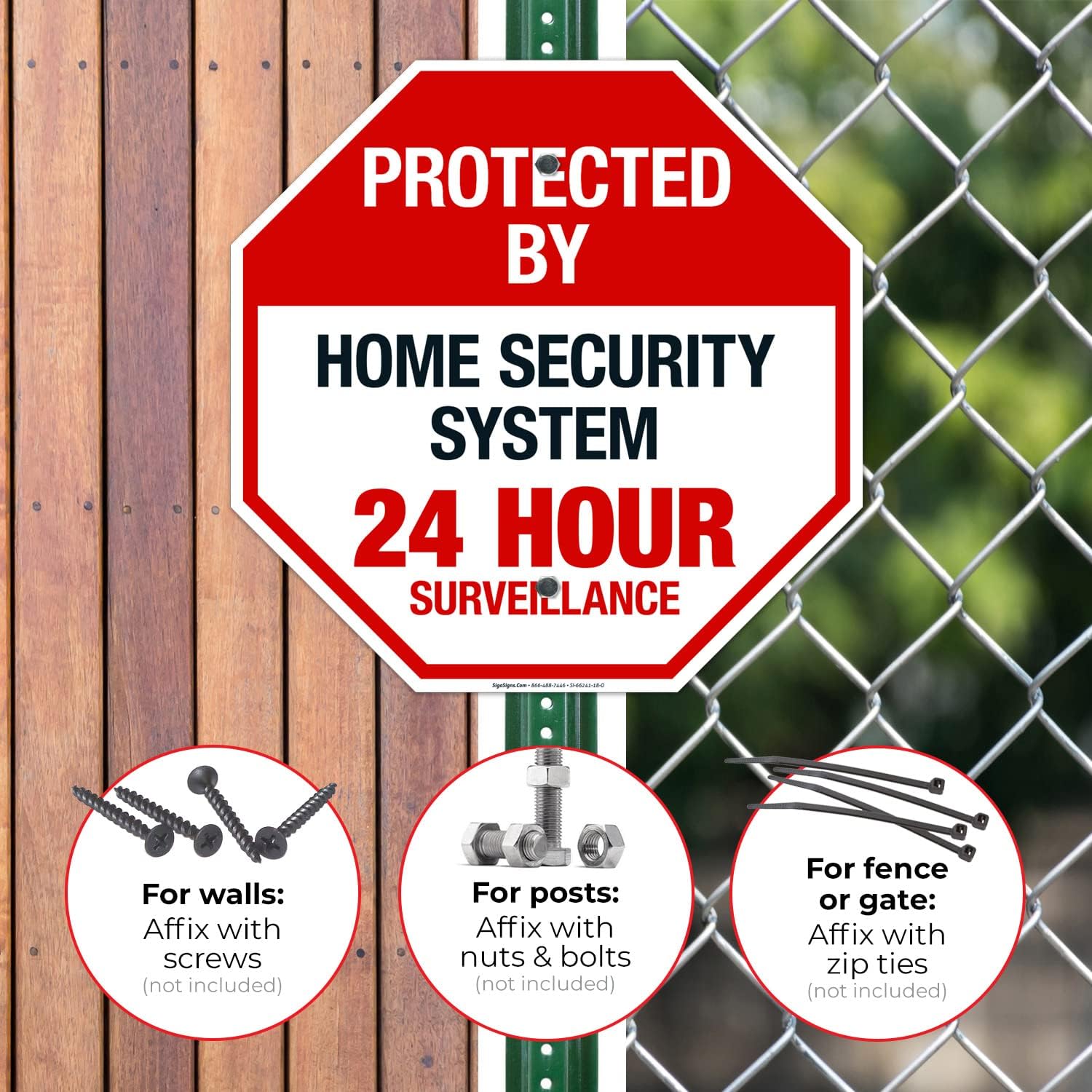 Protected by Home Security System 24 Hour Surveillance Sign, 18x18 Inches, Rust Free .063 Aluminum, Fade Resistant, Made in USA
