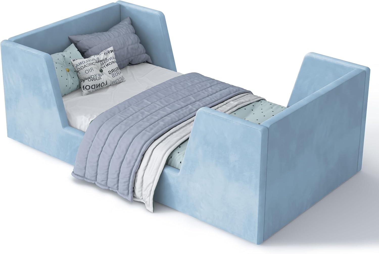 Toddler Bed, Toddler Floor Bed Frame with Guard Rails, Kids Bed for Ages 2-6 Years Kids Girls and Boys, Standard Crib Mattress Toddler Beds, Certified Fabric (Blue)