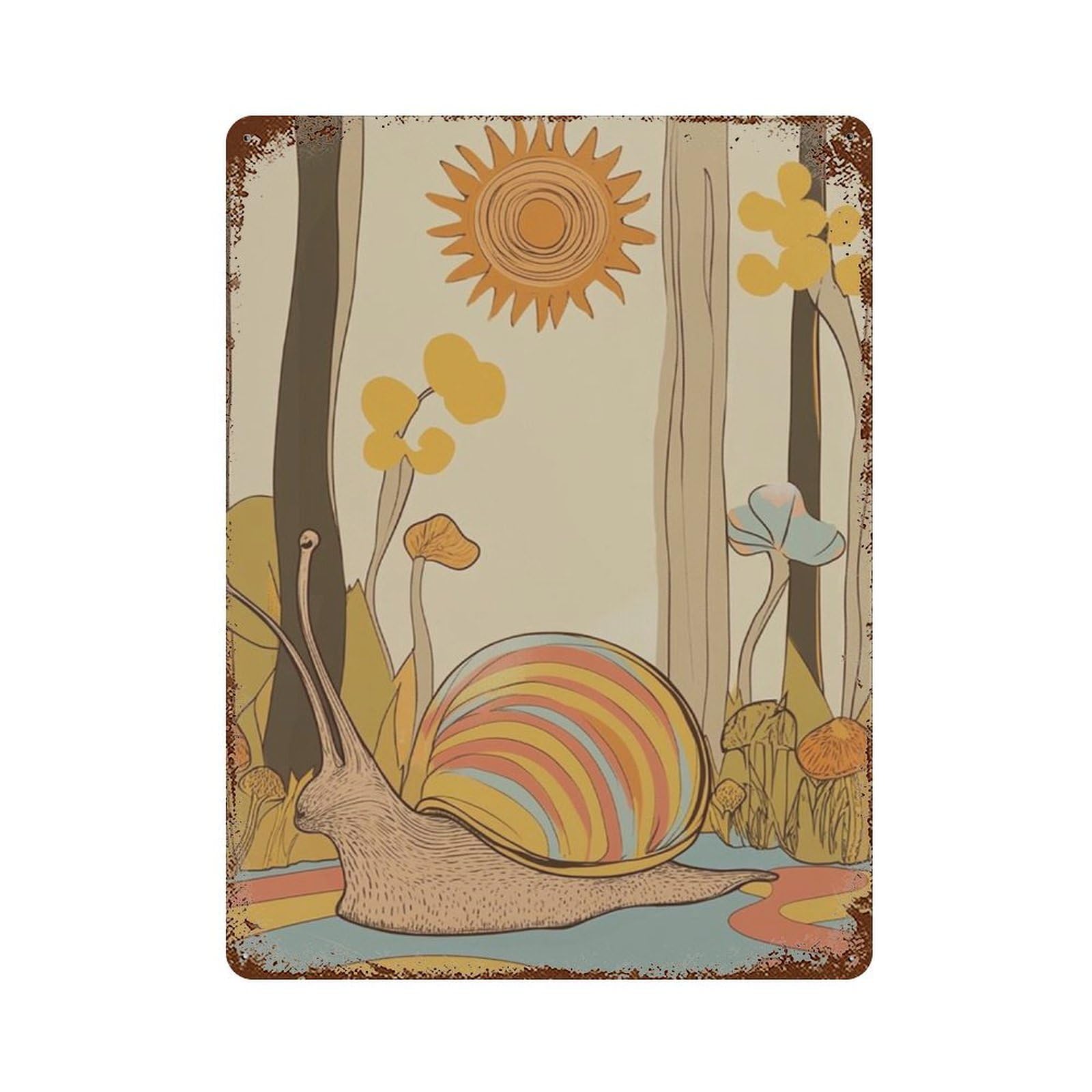 xiaoxiaoshen Snail Mid Century Modern Retro Nature Woodland Animal Orange Sun Landscape Minim Wall Decor Art Metal Tin Poster Modern Home Decor Art Home Bar Shop Decorations Vintage Sign 40x30cm