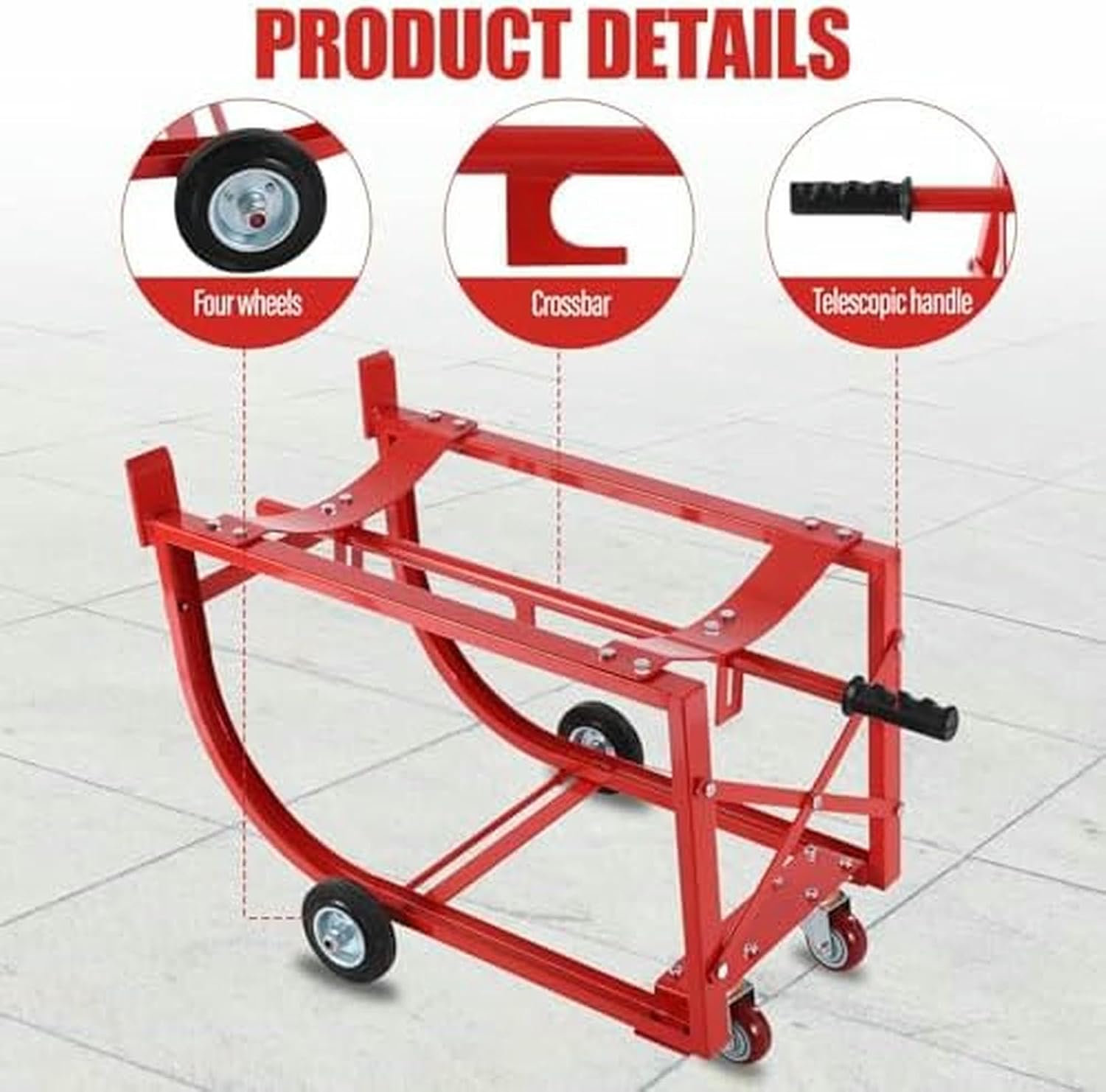 Heavy Duty Movable Drum Cradle with Retractable Dump Bar and Wheels, 600 lbs Capacity, for Factory, Workshop, Garage, and Warehouse Storage and Handling