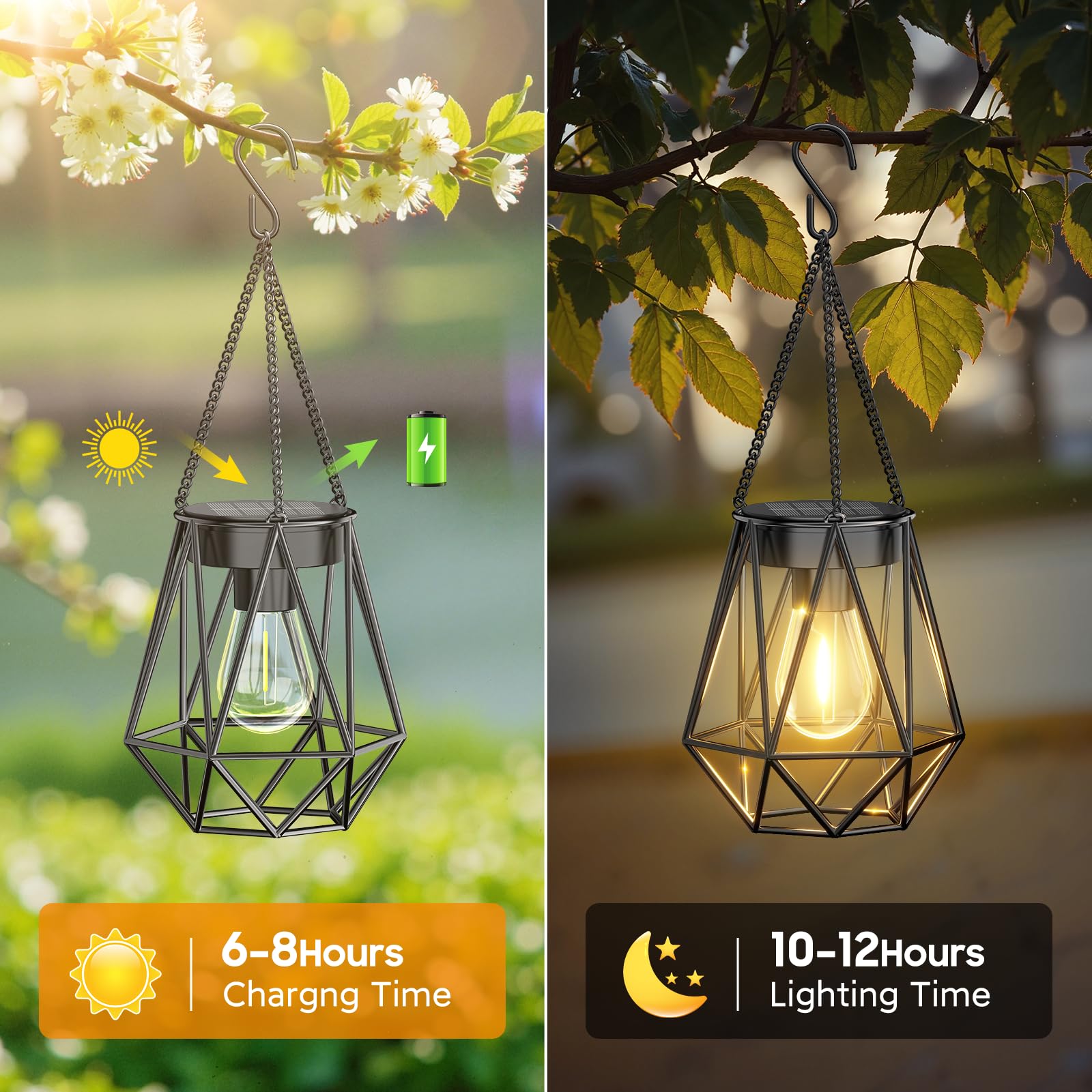 RECHOO Garten Solarlampen für Außen Hängend, 2 Stück Metall Solar Laternen für Draußen mit LED-Glühbirne, IP65 Wasserdicht Solarlaterne für Außen Weihnachten Halloween Terrasse Rasen Balkon Hof