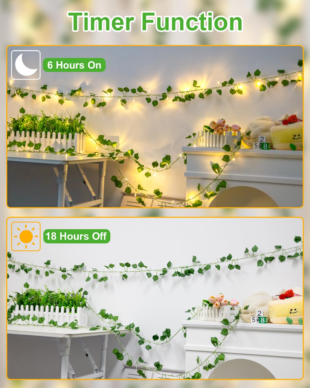 ANJAYLIA Catena Di Luci Rampicanti A Edera - 10 Metri, 100 LED Bianco Caldo - Alimentazione A Batteria - Con Telecomando E Timer