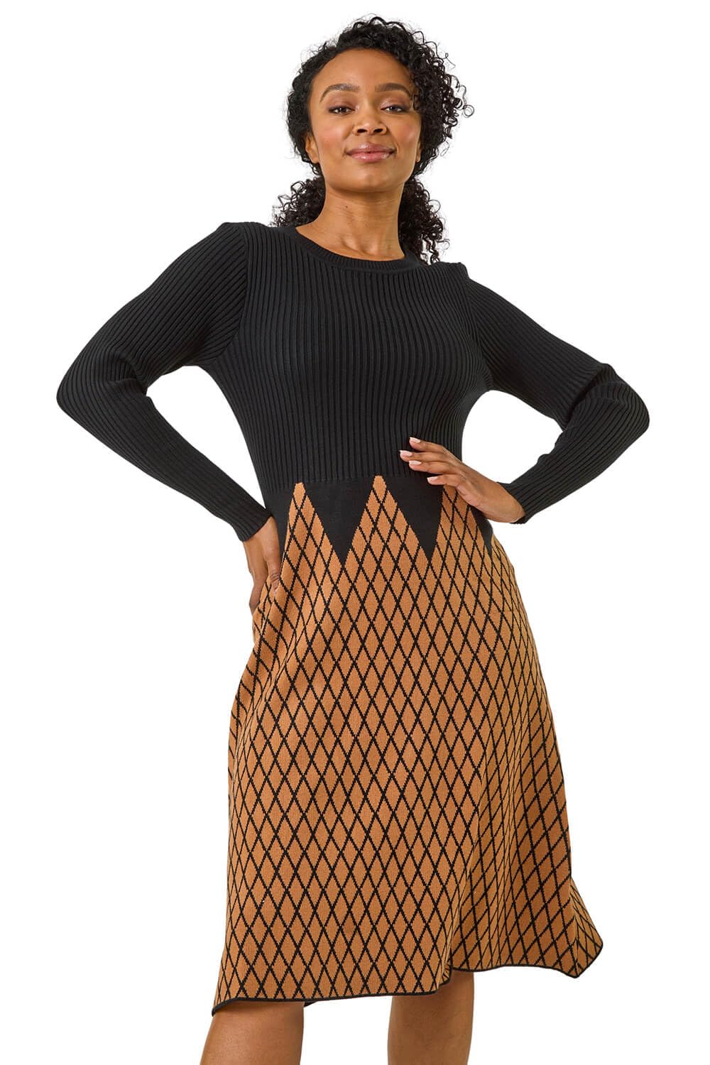 Roman Petite Contrast Knit Dress for Women UK - Ladies Everyday Autumn Winter Round Neckline Comfy Soft Evening Vacation Work Party Night Out - Petite Rust - Size 18