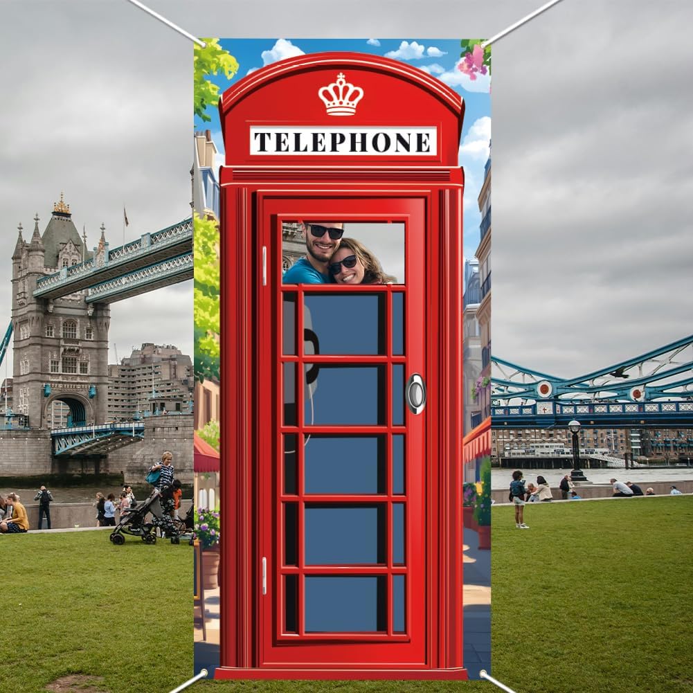 WADORN English Phone Booth Door Cover, 5.9x3ft Large Fabric Red Telephone Box Door Banner British International Party Backdrop Decor English Theme Party Face in Hole Photography Background