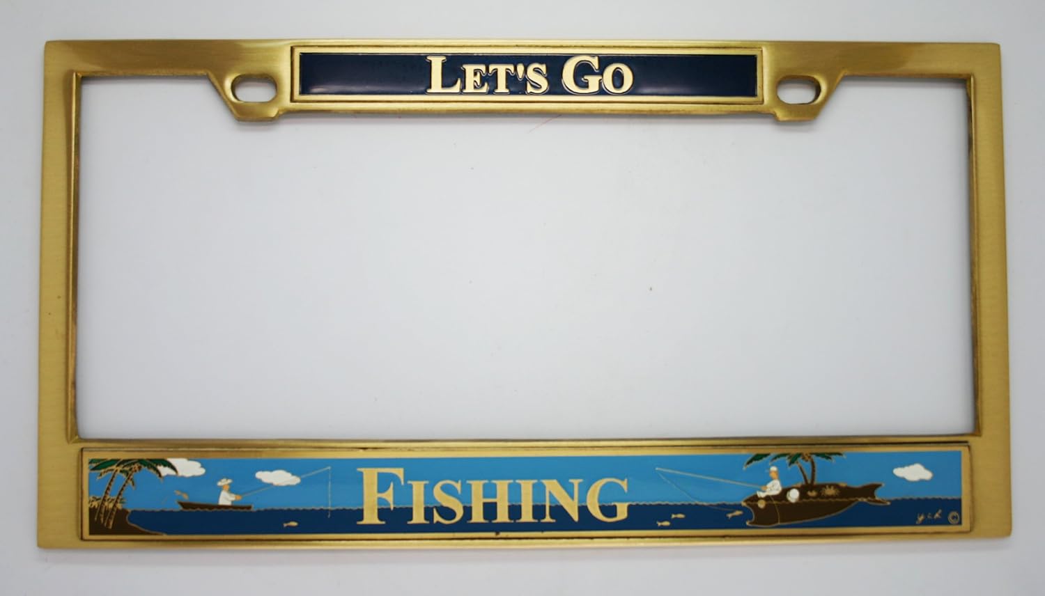 Lets Go Fishing License Plate Frame Brass Automotive