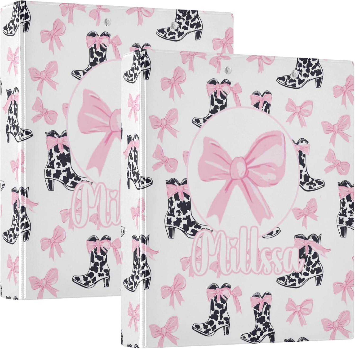 Pink Bows 3 Ring Binder with Clipboard Round Ring Binders Black Cow Personalized Binder 3 Interior Clear Pockets for Office Supplies 2 Pack