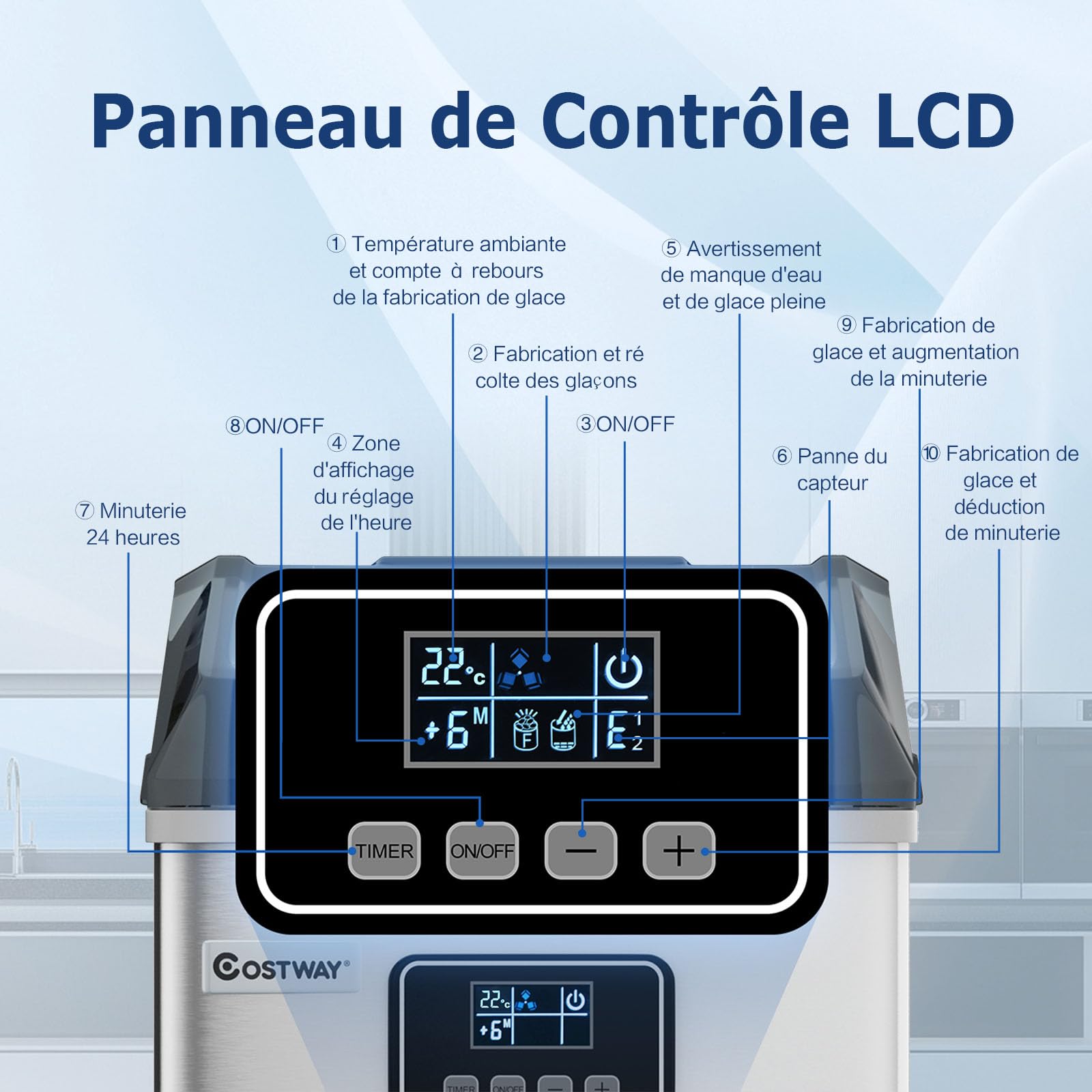 COSTWAY Machine à Glaçons Automatique 18kg/24h, Acier Inoxydable, Cuillère à Glace, Panier, Fonction d'Auto-nettoyage, Ecran LCD, Fonction Minuterie, pour Cuisine, Bar, Café
