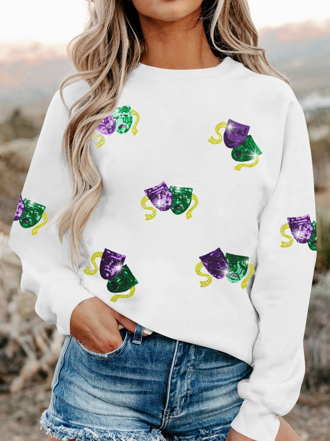 KIDDAD Mardi Gras Sweatshirt for Women Carnival Sequin Crewneck Sweater Mask Graphic Pullover Tops Funny Holiday Shirts