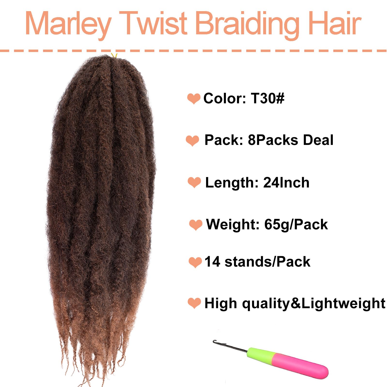 Mscat Marley Twist Braiding 24 Inches Ombre Dark Brown Twist Faux Locs Crochet Hair (24 Inch 8packs, T30#) - Image 2