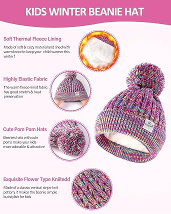 Kids Winter Hat Gloves Scarf Set,Girls Toddler Winter Hat Beanies with Pom Neck Warmer Gaiter Mittens Fleece Lined Set Christmas Gift for Kids(Rose Red & Blue Mix)