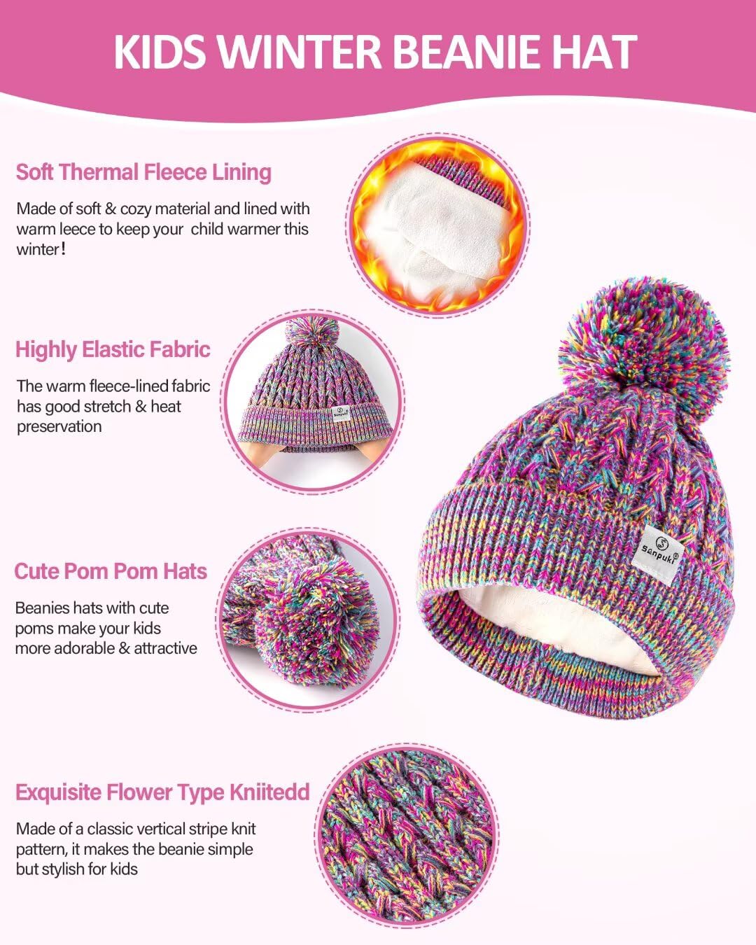 Kinder-Wintermütze, Handschuhe, Schal, Set, Mädchen, Kleinkind, Wintermütze, Beanies mit Bommel, Halswärmer, Gamasche, Fäustlinge, Fleece-gefüttert, Weihnachtsgeschenk für Kinder (Rose Rot und Blau)