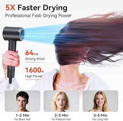 Miniatura 4 de Secador de pelo de alta velocidad, 110,000 rpm, secador de iones negativos a 656.2 ft para cabello sin encrespamiento y brillo definitivo, control