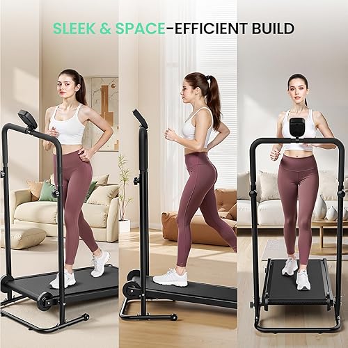 Miniatura 2 de Non-Electric Treadmill with Dual Flywheel & Fixed Incline - Motorless Treadmill with LCD Monitor, Non-Slip Belt, Compact Foldable Design for Small