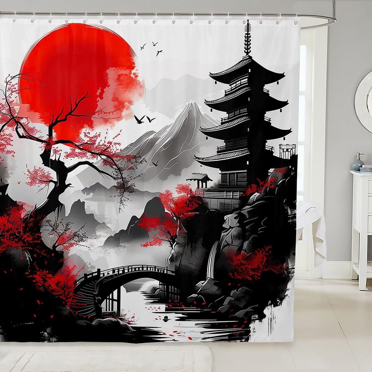 UFGFYTT Japanese Ink Wash Shower Curtain Waterproof Washable, 180x240cm(WxL) Red Sun Pagoda Bath Curtain With Hooks, Mt Asian Landscape Decor, Moisture Proof Bathtub Curtain