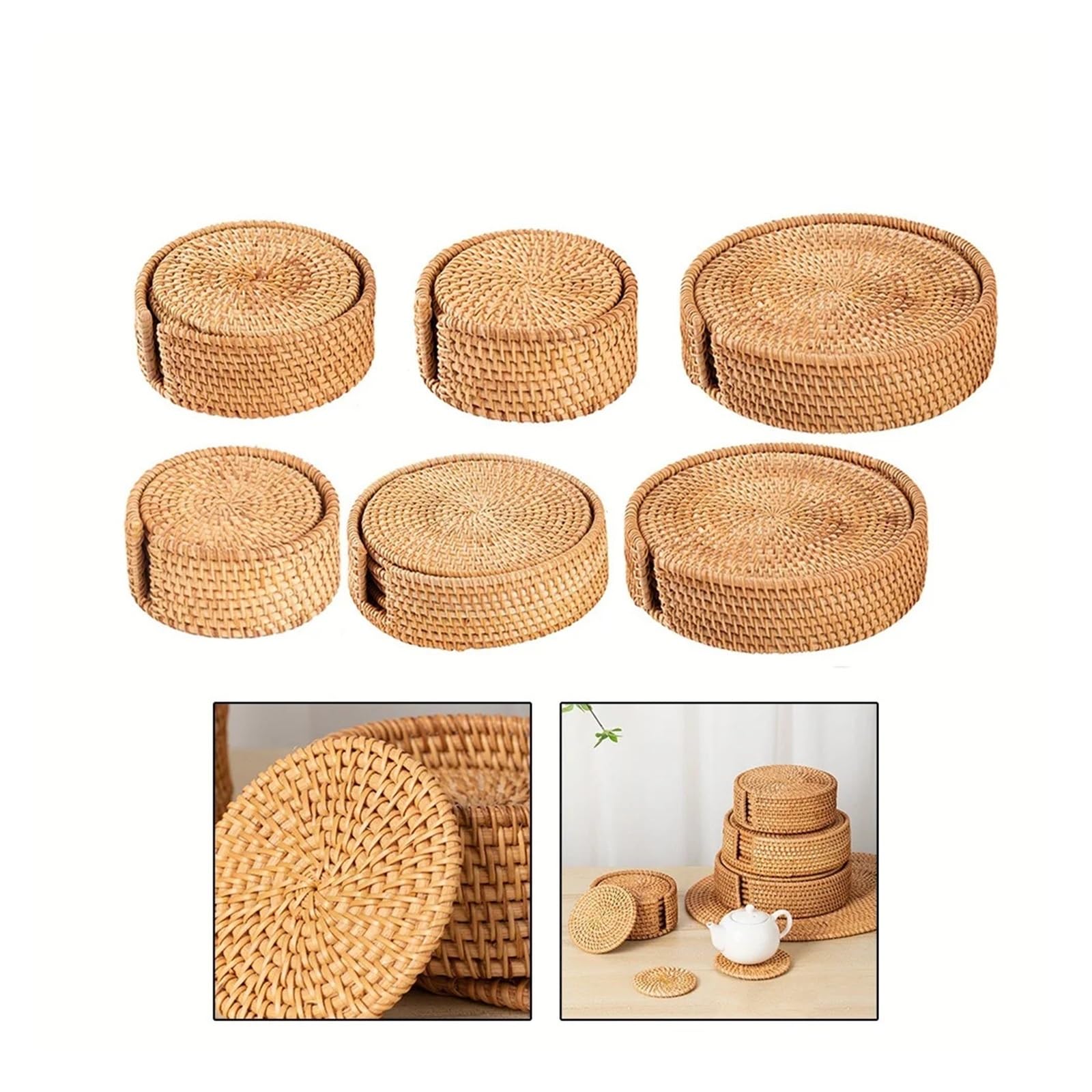 Juego de 6 Posavasos Redondos ratán for decoración del hogar, Bodas, Fiestas cumpleaños, 8-20 cm para Bebidas(16cm)