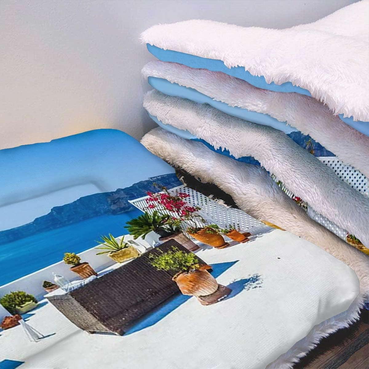 review Blue Red and Pale Grey Fluffy Fleece Cat Dog Bed Blanket Modern View Mediterranean with Thermal Warming Body Heat Reflecting Core Pad,Washable Cityscape 19
