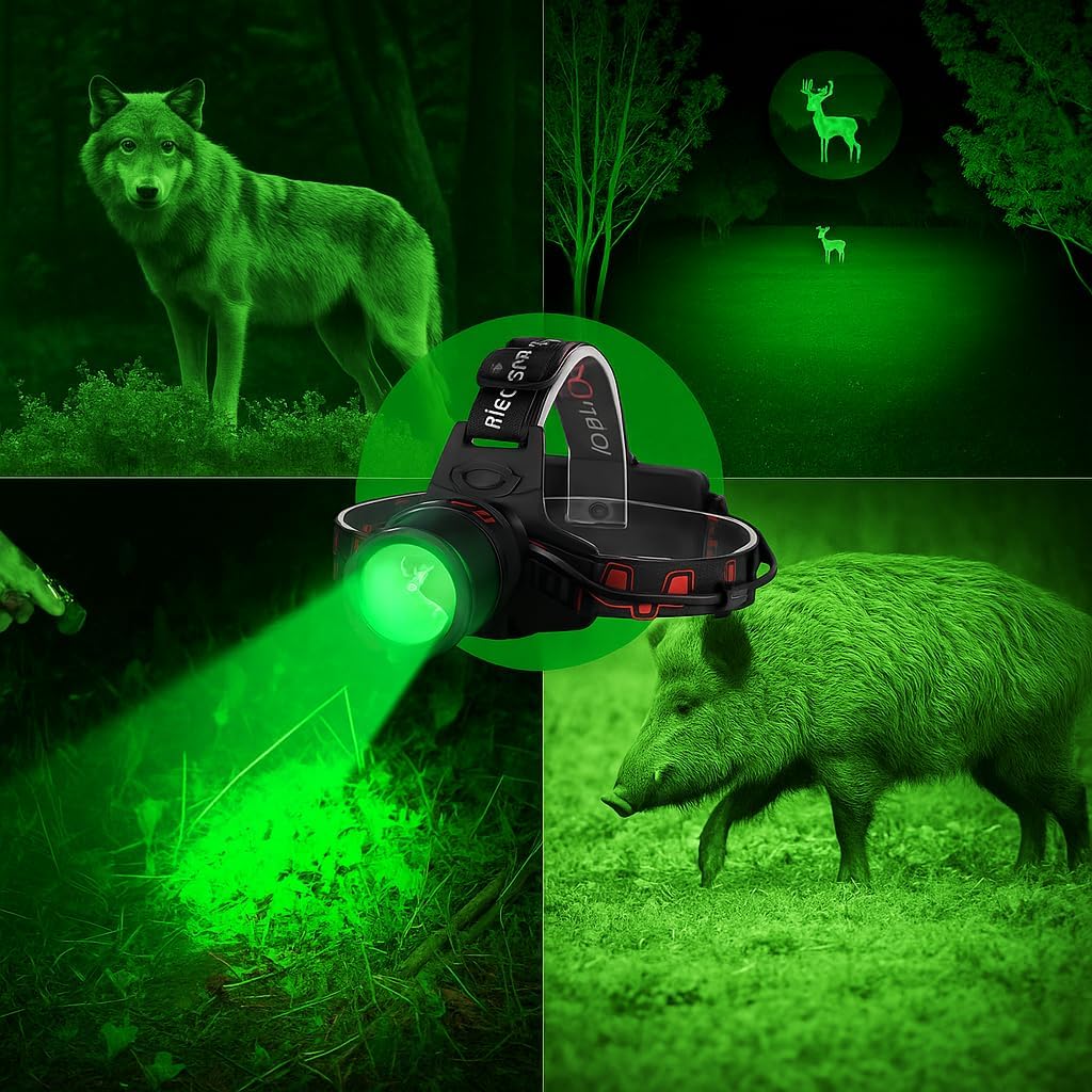 GRACETOP Green LED Headlamp Rechargeable, Zoomable Headlamp with 3 Modes, Hands-Free IPX4 Waterproof for Hunting, Hiking, Camping & Fishing