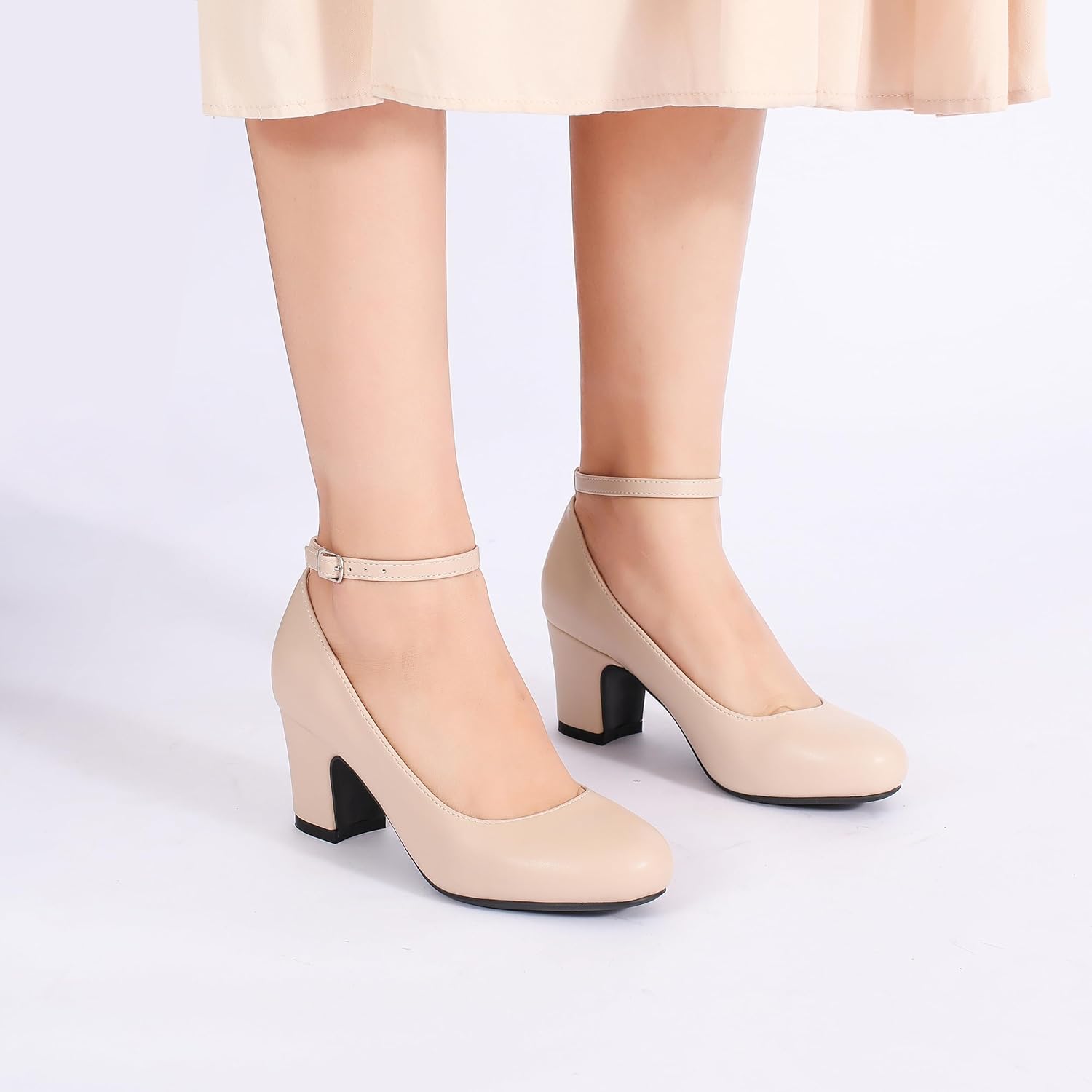 Women's Ankle Strap Low Block Chunky Heels Pumps Closed Round Toe Dress Wedding Office Work Church Shoes - Image 4