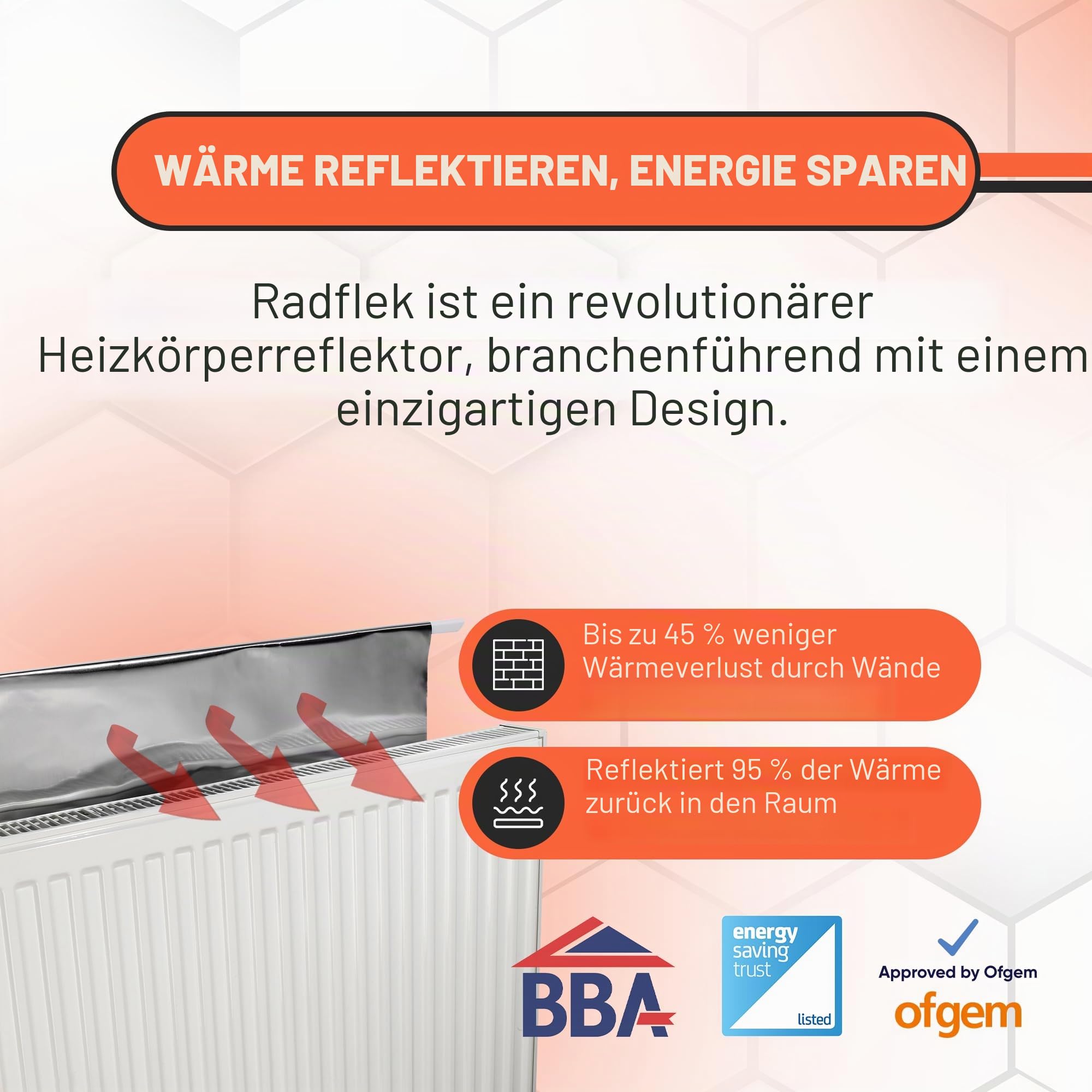 Radflek Reflexionsfolie für Heizkörper, mit reflektierendem Radstik-Klebeband, 5 Radflek-Folien / 4 Radstik-Streifen, für 10 oder mehr Heizkörper