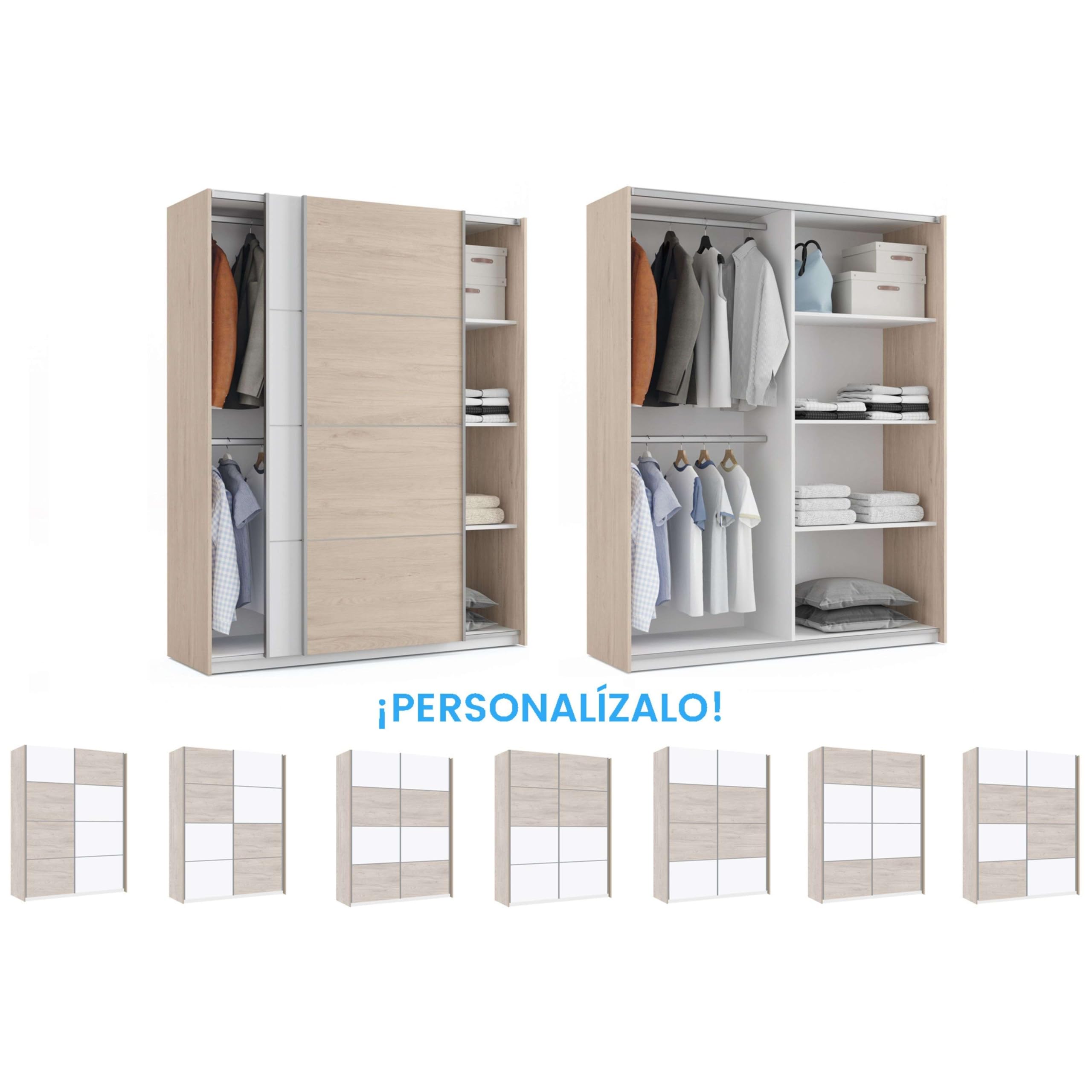MUEBLES PITARCH | Armario Dormitorio Ropero 2 Puertas Correderas Perfil Aluminio 2 Barras, Blanco y Roble Aurora, 200x150x62cm (Alto x Ancho x Fondo), Moderno, Modelo Onix