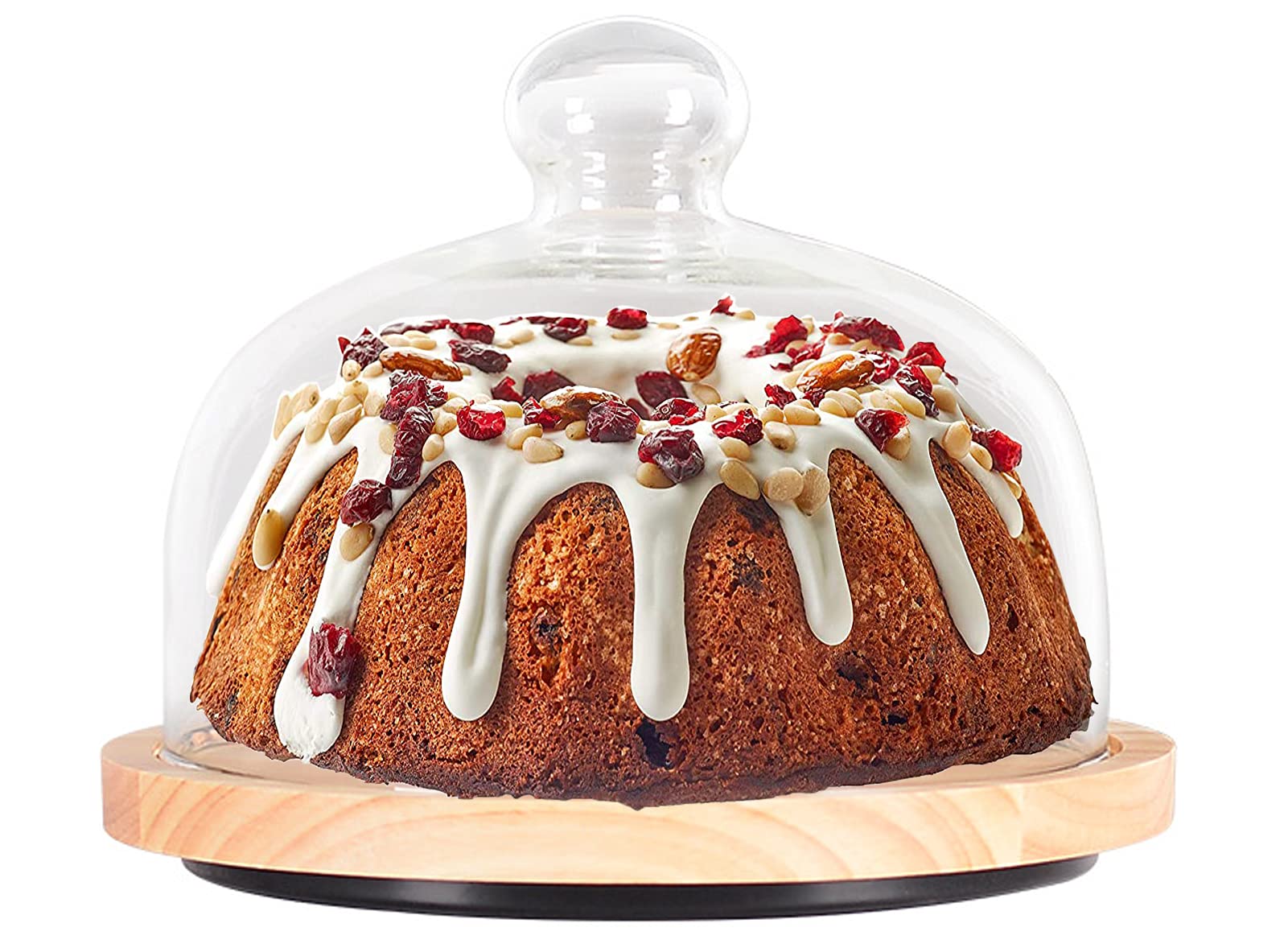Rotating Cake Stand with Dome Cover, U-HOOME Wooden Round Wedding Cake Tray Cake Plate Server Platter with Glass Lid Cover and Wood Top (M(24.6CM))