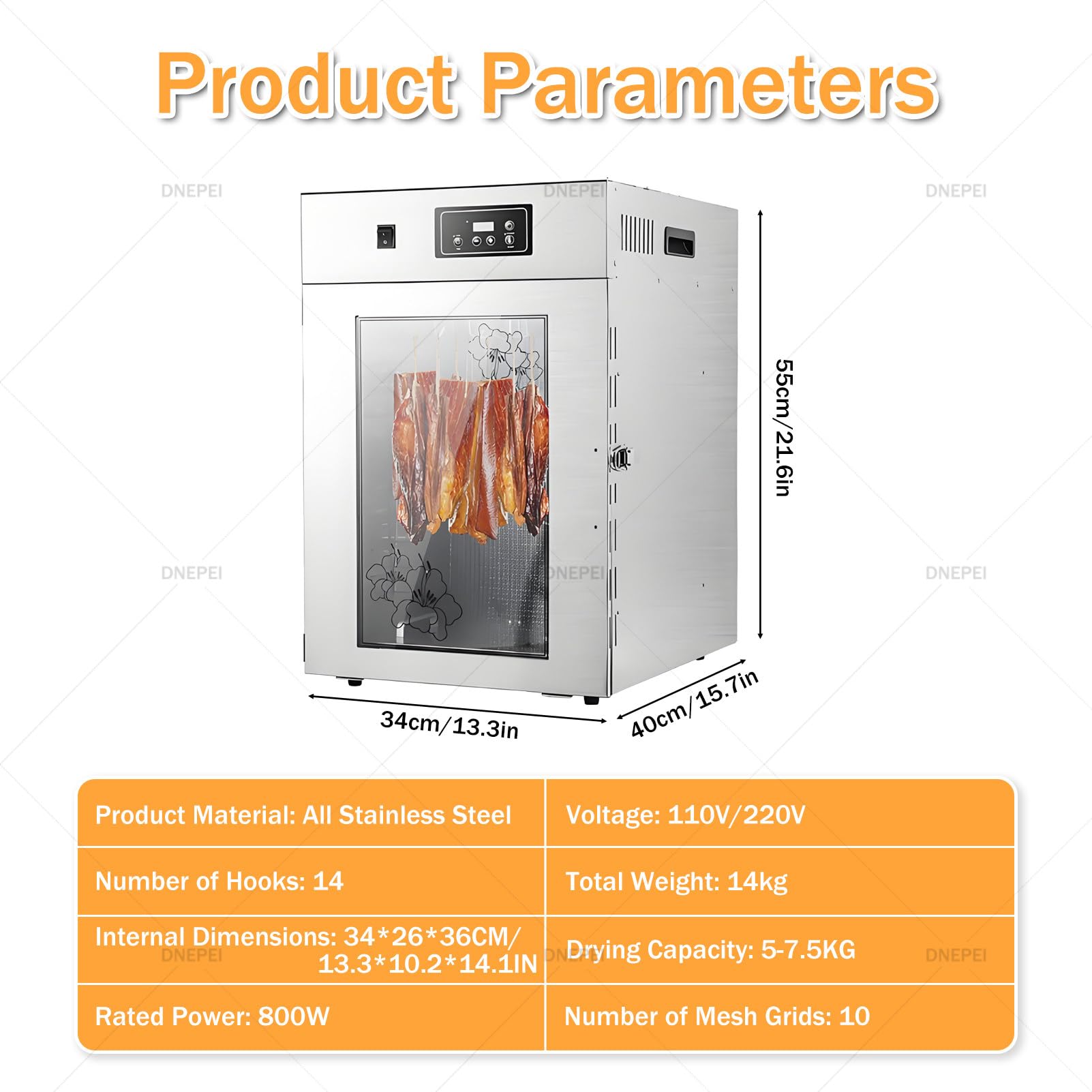 360° drehbarer Dörrautomat für Fleisch und Obst, gewerblicher Fleischtrockner mit einstellbarem Thermostat und digitalem Timer, Edelstahl, für Trockenfleisch, Wurst, Kräuter 7.5kg