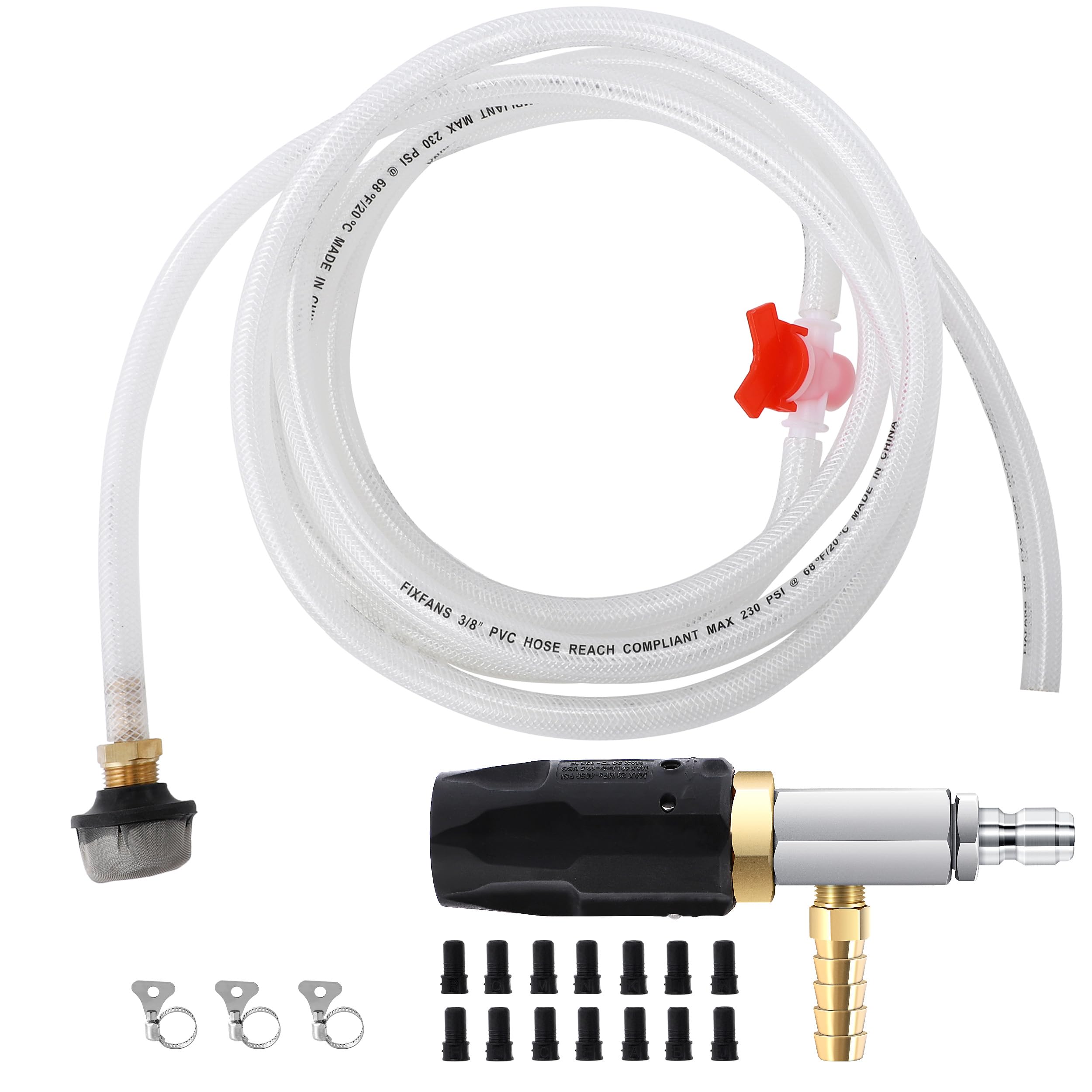 JOEJET Kit d'injecteur chimique réglable, buse de nettoyeur haute pression à longue portée, buse de lavage externe douce avec tuyau de siphon de 4,6 m, 2 à 2,5 GPM