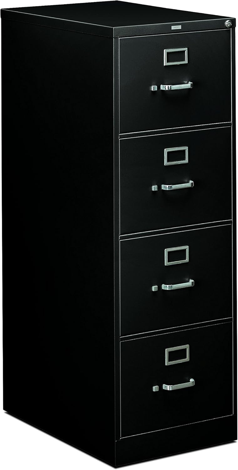 HON 310 Series 4-Drawer Legal Vertical File Cabinet, Full-Suspension, Black 26-1/2"D - Secure Office Storage