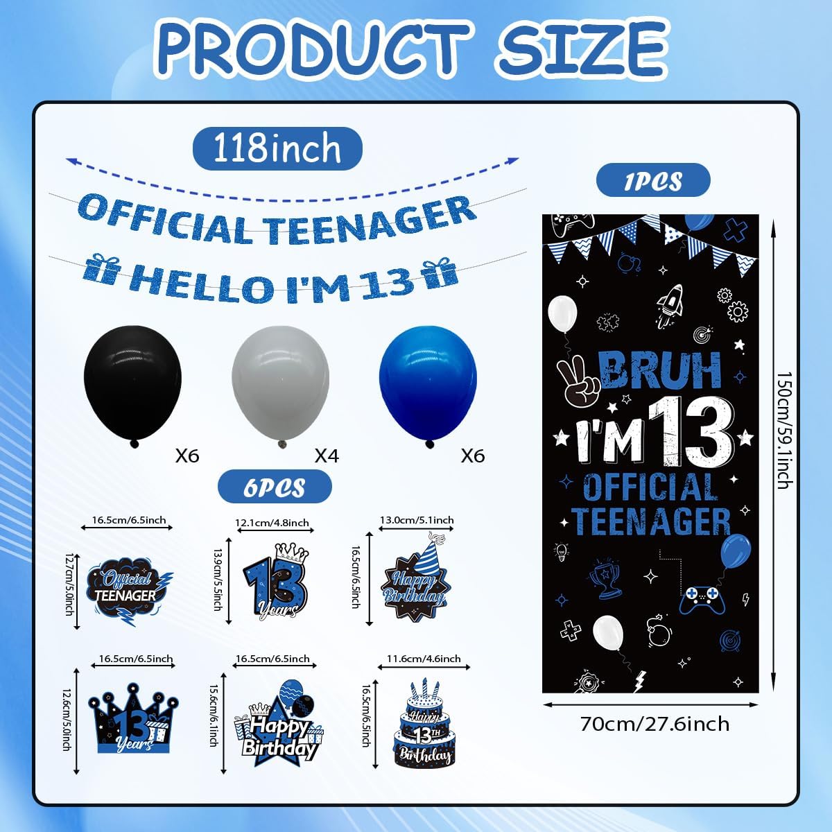 13th Birthday Decorations for Boys Girls 37PCS Blue Black Bruh I'm 13 Official Teenager Party Decorations Backdrop, Banner, Hanging Swirls, Pompoms, Balloons, Cheers to 13 Years Party Supplies