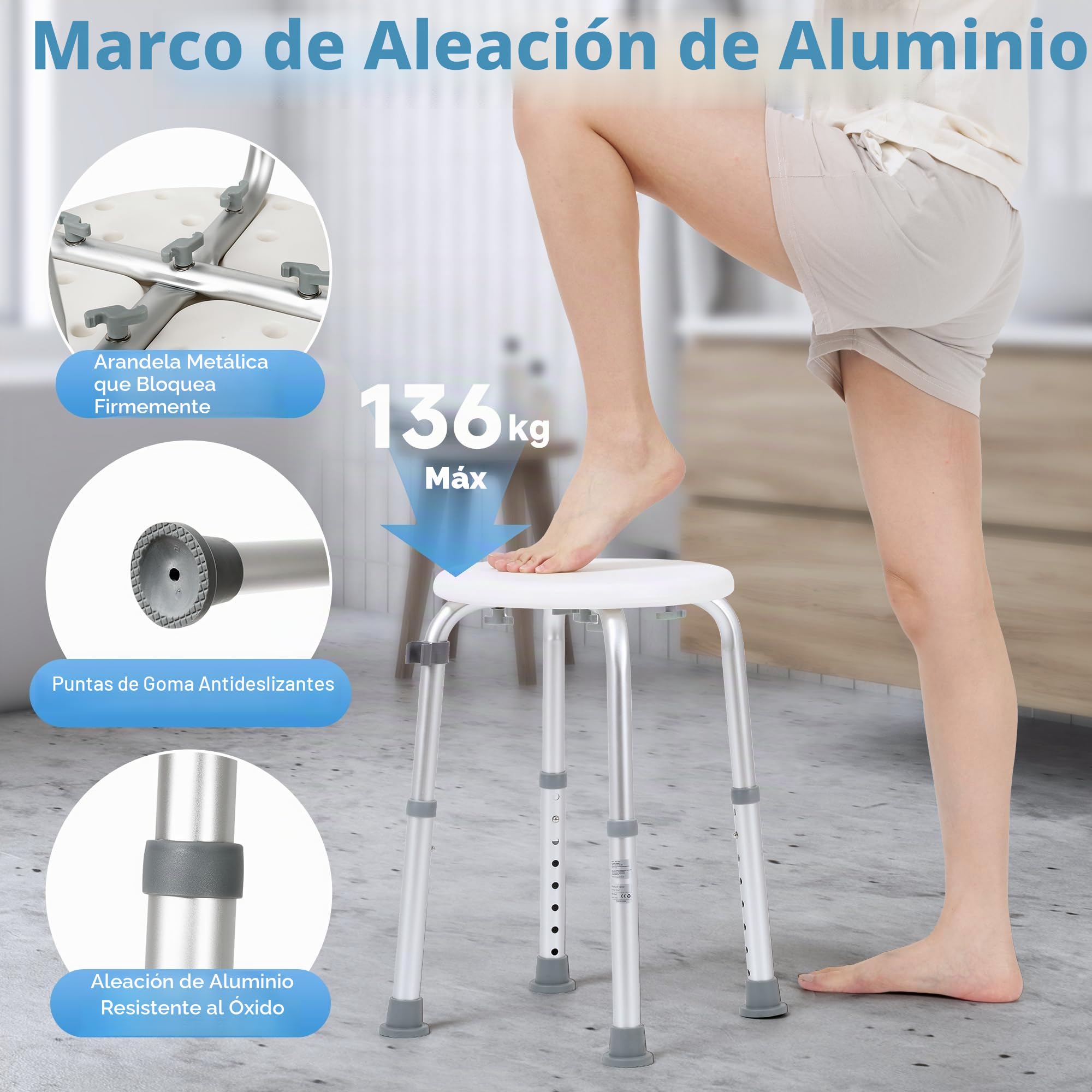 Careboda Taburete Ducha, 34-52cm, 136kg, Aluminio, Antideslizante