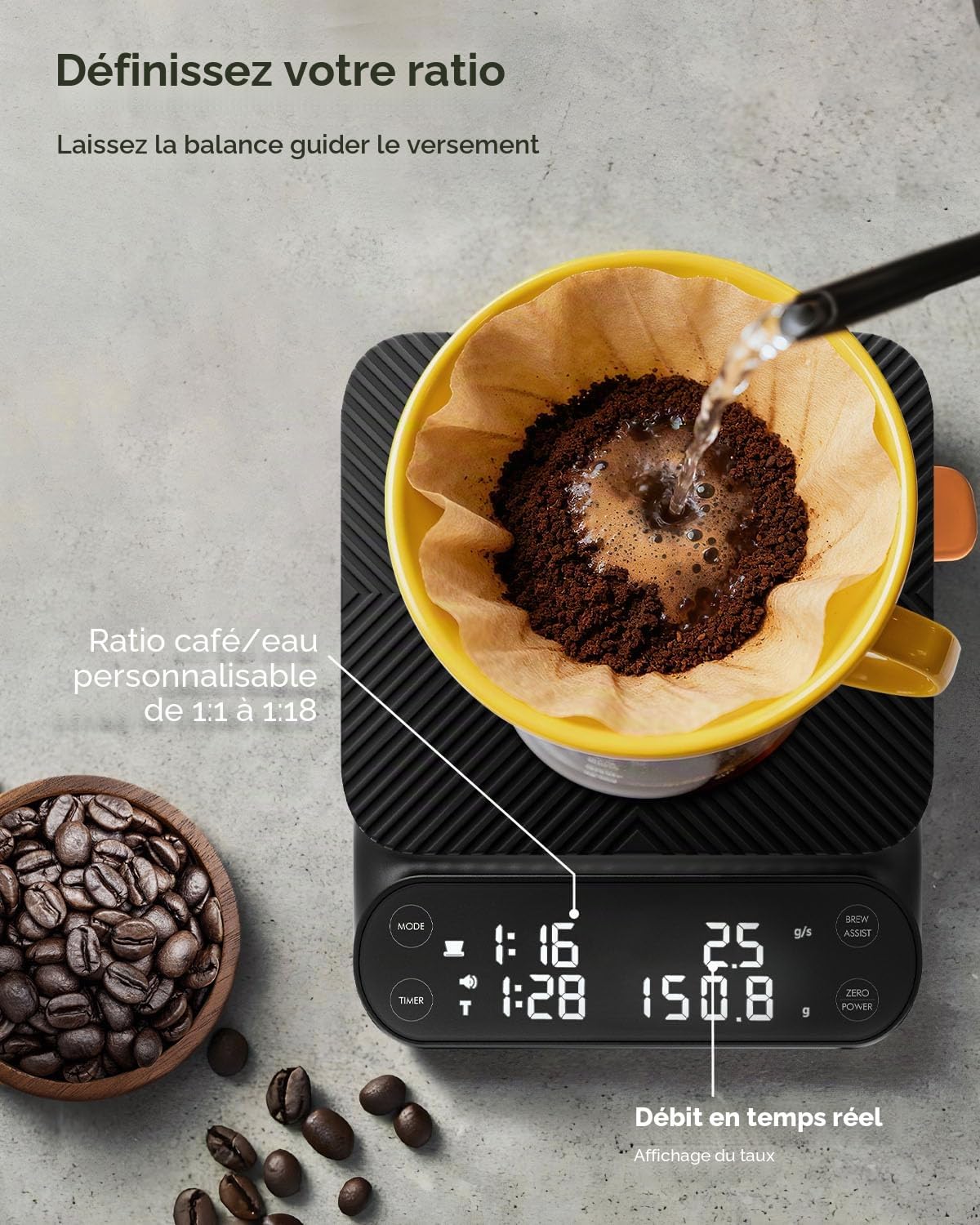 Maestri House Balance à café rechargeable avec minuterie, 3 kg/0,1 g, 3 modes d'infusion, rapport d'infusion personnalisable, balance numérique de qualité barista pour verser, expresso, presse