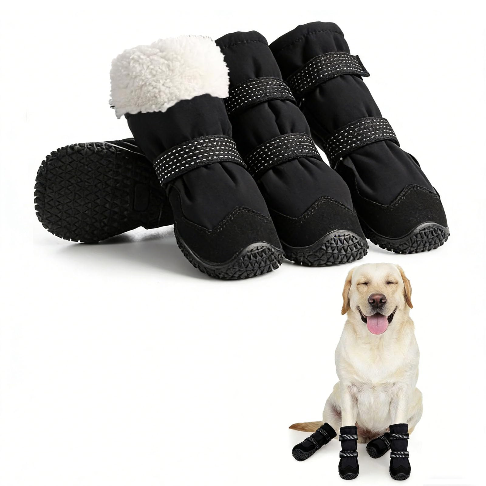4 Stück Winter-Hundeschuhe, Hundestiefel Für Kleine, Mittelgroße Und Große Hunde, rutschfeste Hundestiefel Und Pfotenschutz Mit Warmem Wollfutter Und Reflektierenden Elementen,Schwarz,3XL