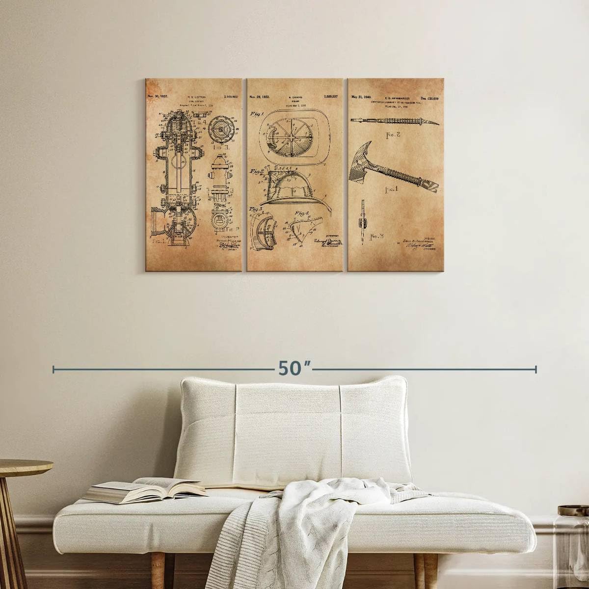 ElephantStock Firefighter Equipment Patents Wall Art, 3-Piece Industrial Decor, Ready-to-Hang Blueprint Wall Art, Industrial Wall Decor and Professions Patent Prints Wall Art for Men - 38" X 24"