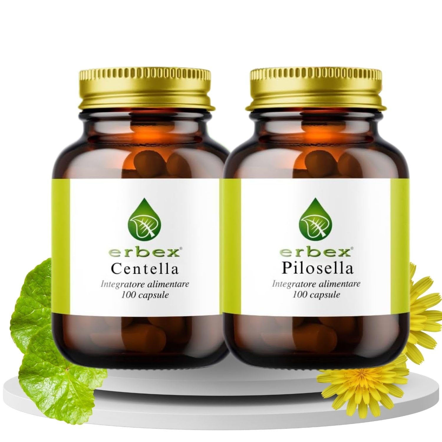 ERBEX - Centella Asiatica e Pilosella | Integratore Naturale Drenante | Microcircolo Gambe e Drenaggio Linfatico | Bundle 2 x 100 Capsule