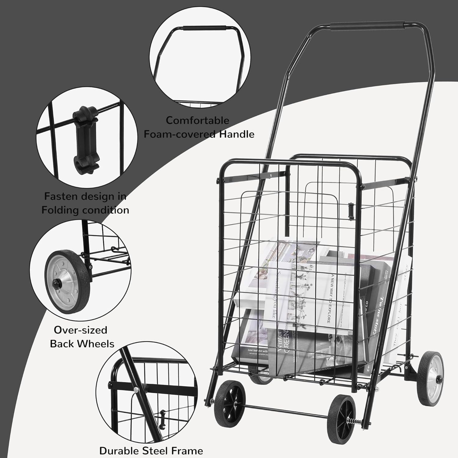 Close-up images highlighting key features: comfortable foam-covered handle, oversized back wheels, durable steel frame, and fasten design for folding