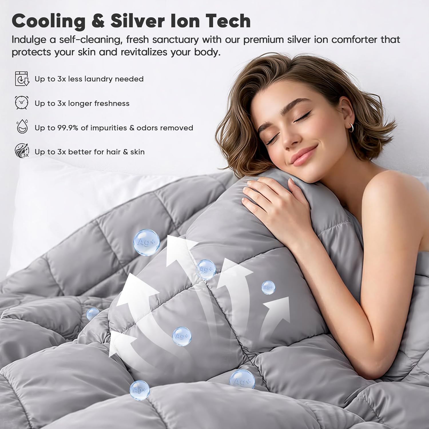 Cooling All-Season Down Alternative Comforter, Silver-Treated Lightweight Duvet Insert, Cool-to-The-Touch Bamboo Comforter, 100% Bamboo Viscose Outer Cover - Gray, King