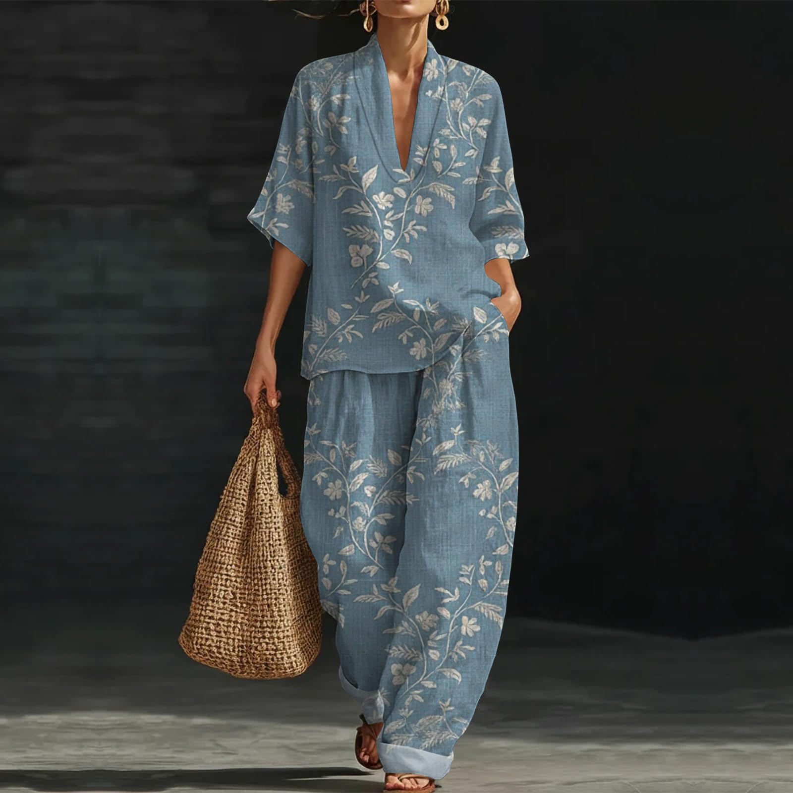 Ensemble Femme Chic et Elegant en Lin Coton - 2 Pièces Décontracté Haut Col en V et Pantalon Large à Imprimé Vetement Femme Été Respirant Leger pour Vacances Loungewear