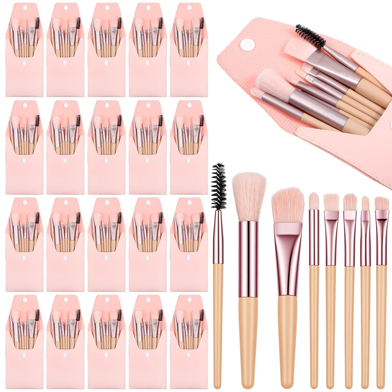 20 Sets Travel Makeup Brush Set, Bulk Make up Brushes, Angled Blush Brushes, Mini Portable Cosmetic Brush Kit with Pink Envelope Pouch for Bridesmaid Wedding Party Gifts