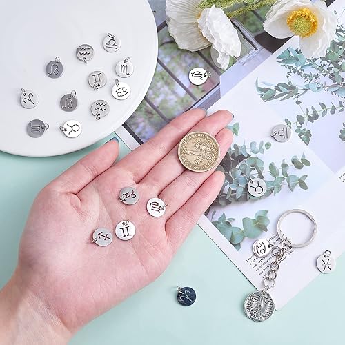 Miniatura 10 de Colgante de acero inoxidable con constelaciones planas redondas del zodiaco, colgante dorado para joyería, collares, aretes, manualidades